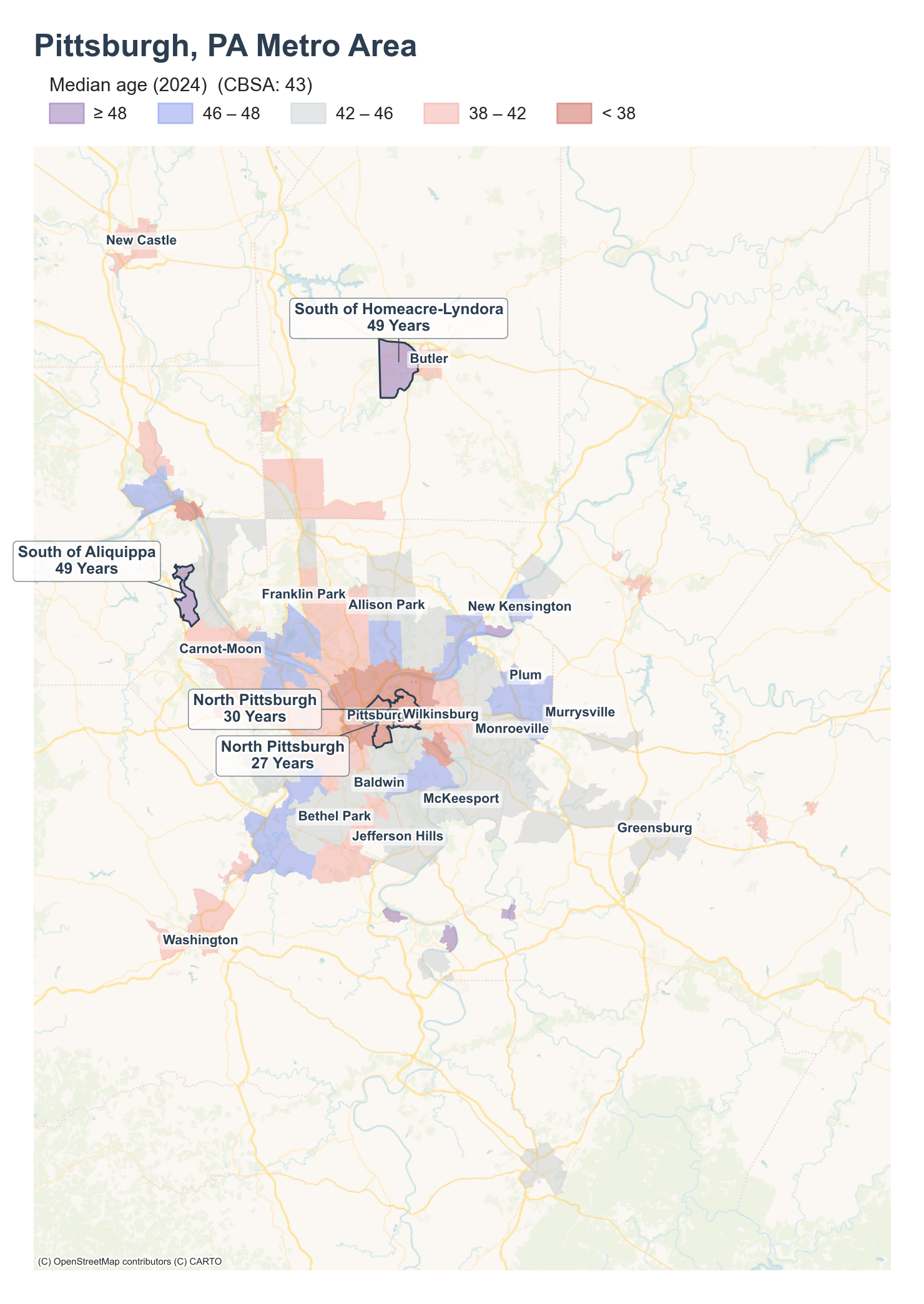 Median age (2024) by neighborhood across the Pittsburgh metro