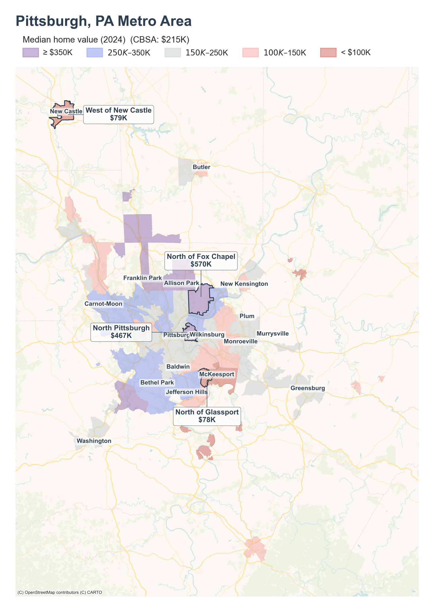 Median home value (2024) by neighborhood across the Pittsburgh metro