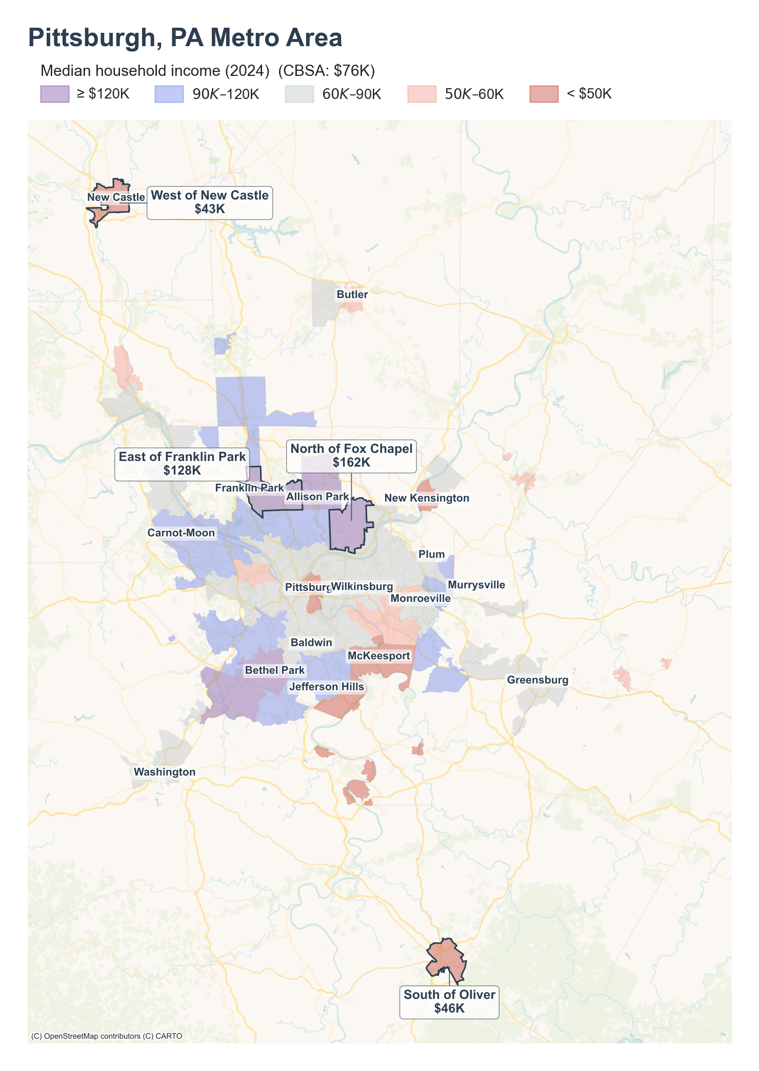 Median household income (2024) by neighborhood across the Pittsburgh metro