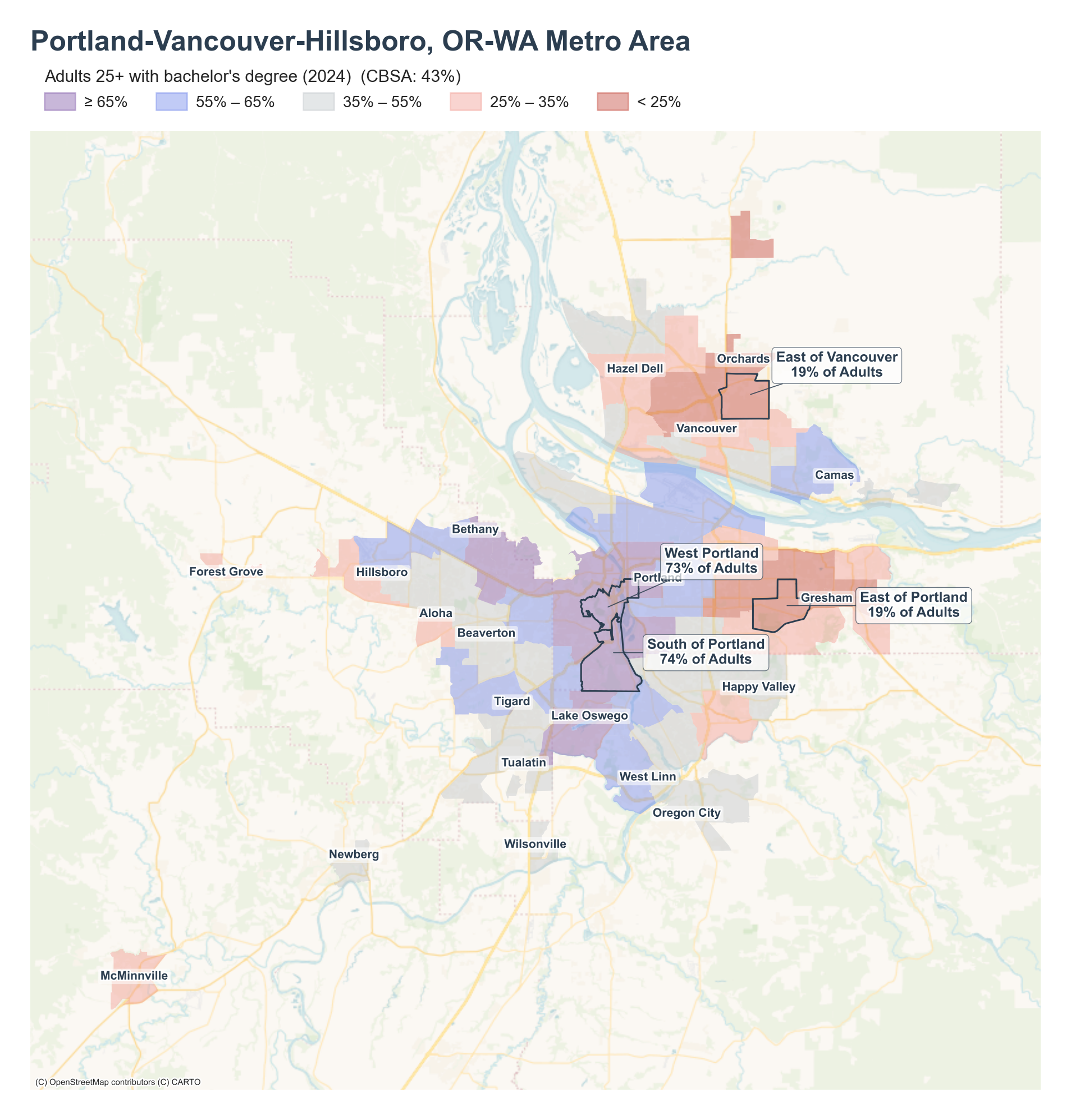 Adults 25+ with bachelor's degree (2024) by neighborhood across the Portland metro