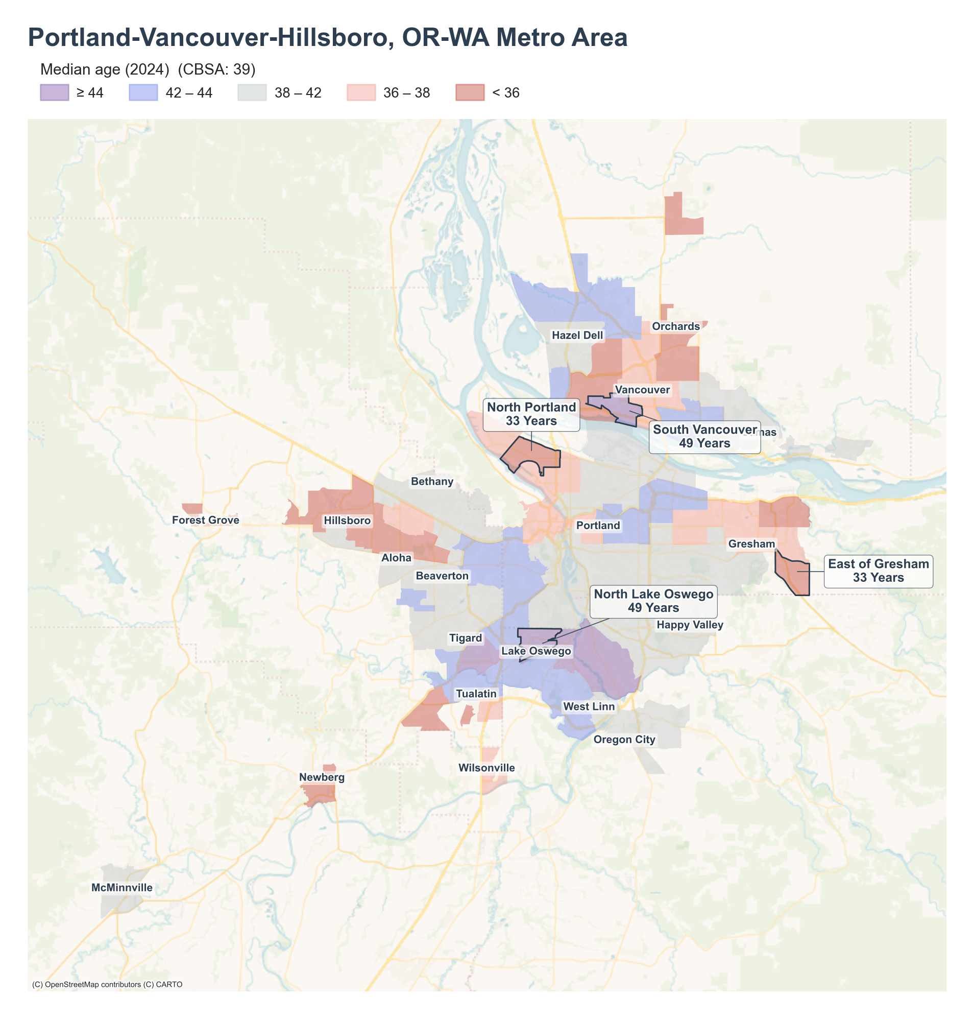 Median age (2024) by neighborhood across the Portland metro