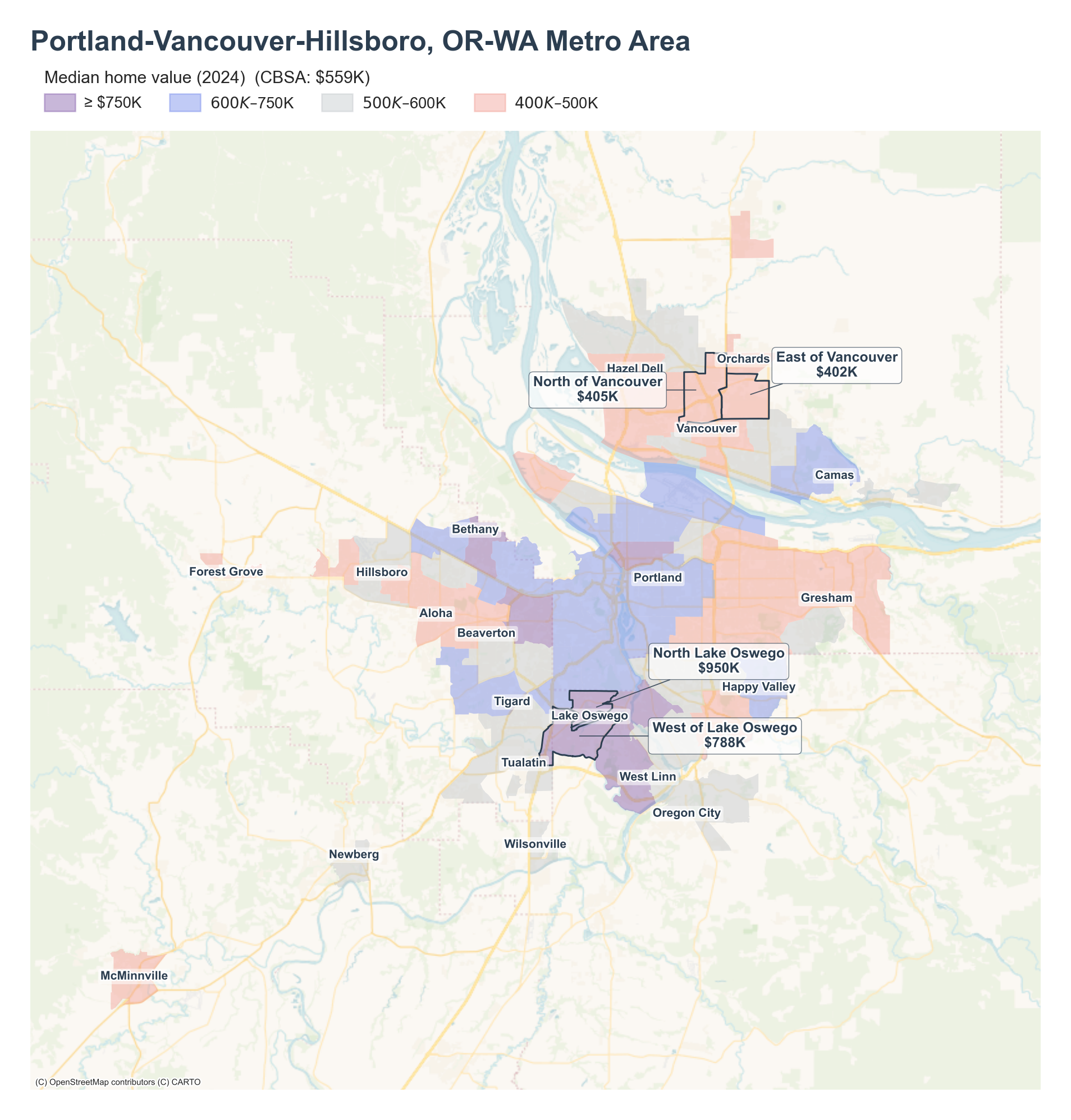 Median home value (2024) by neighborhood across the Portland metro