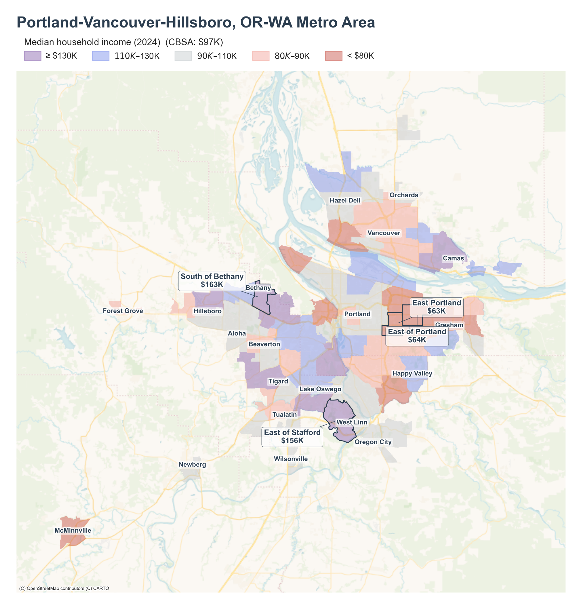 Median household income (2024) by neighborhood across the Portland metro