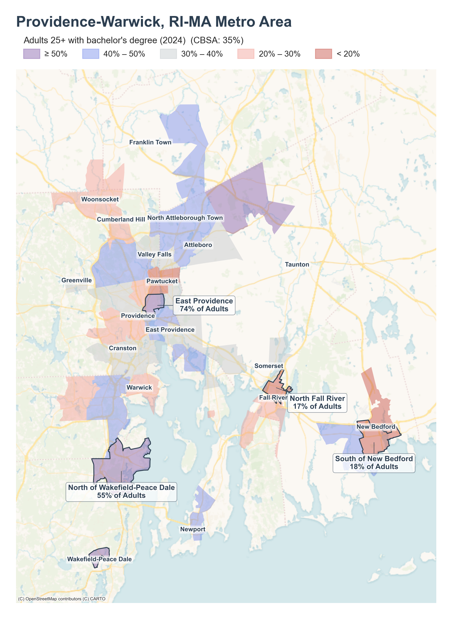 Adults 25+ with bachelor's degree (2024) by neighborhood across the Providence metro