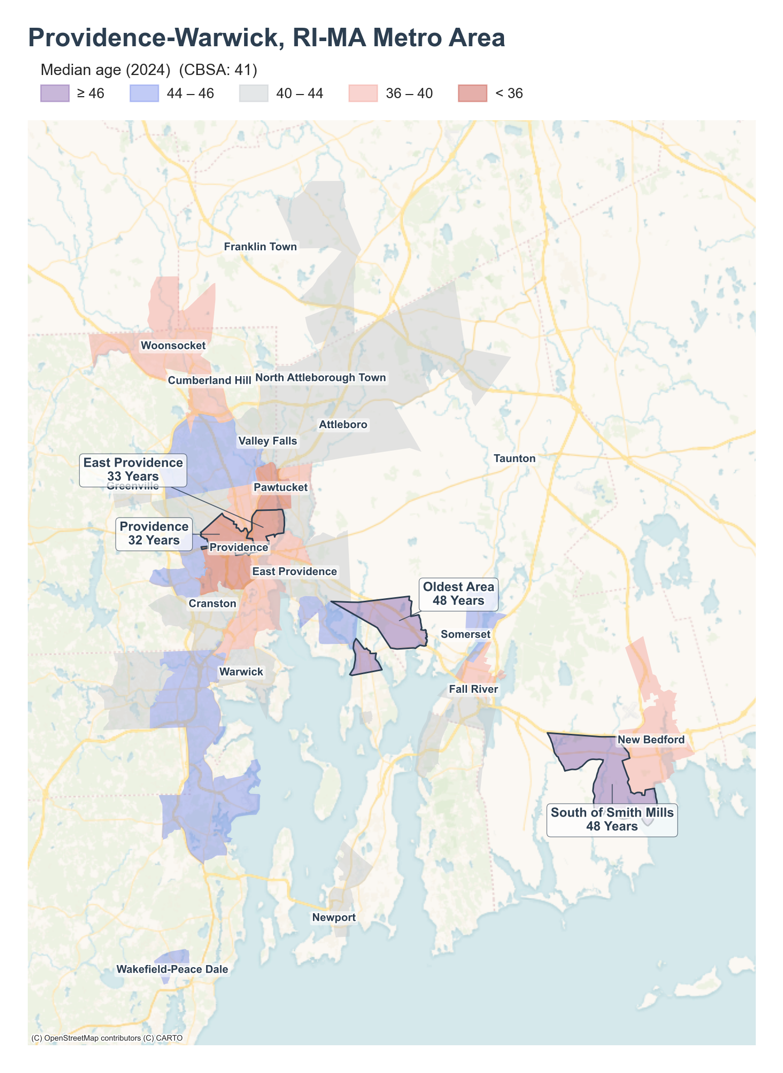 Median age (2024) by neighborhood across the Providence metro