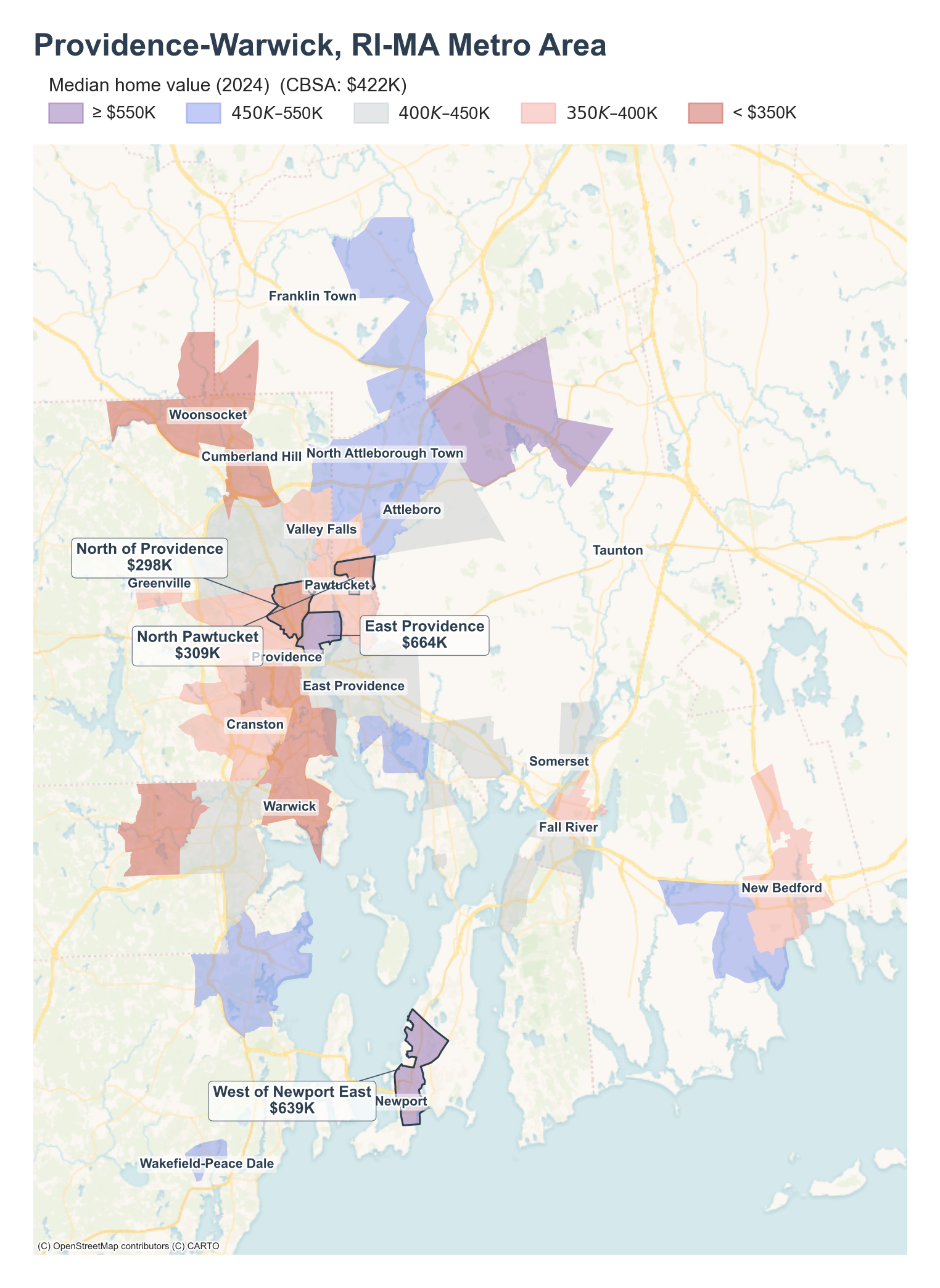 Median home value (2024) by neighborhood across the Providence metro