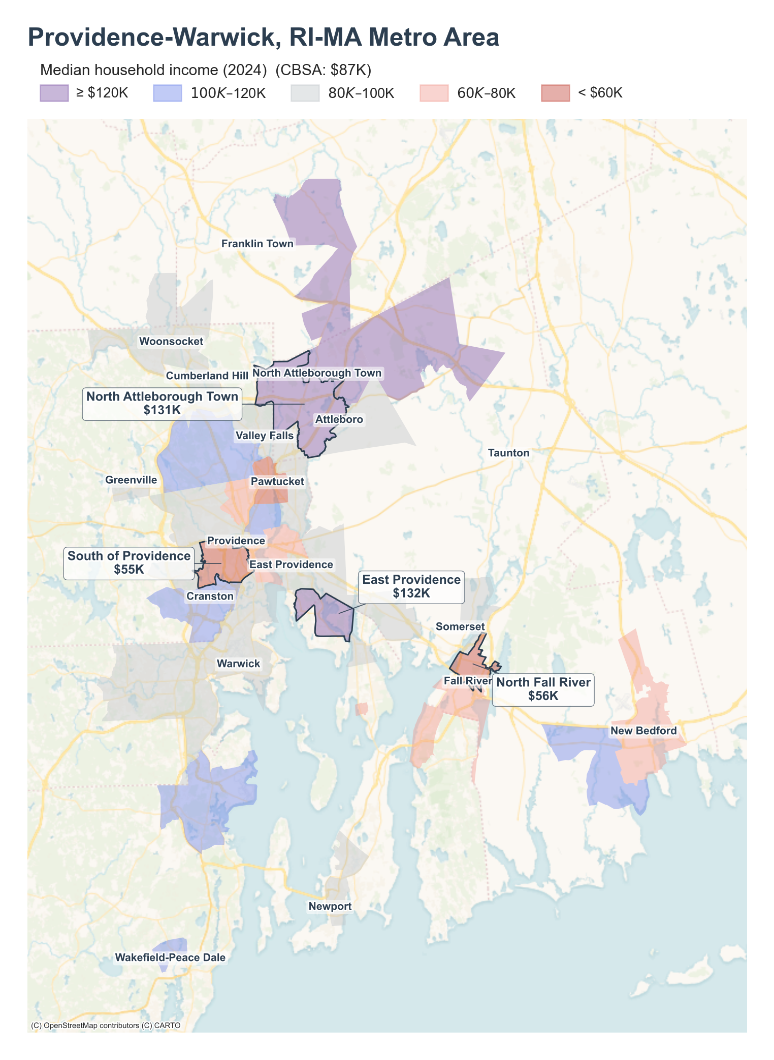Median household income (2024) by neighborhood across the Providence metro