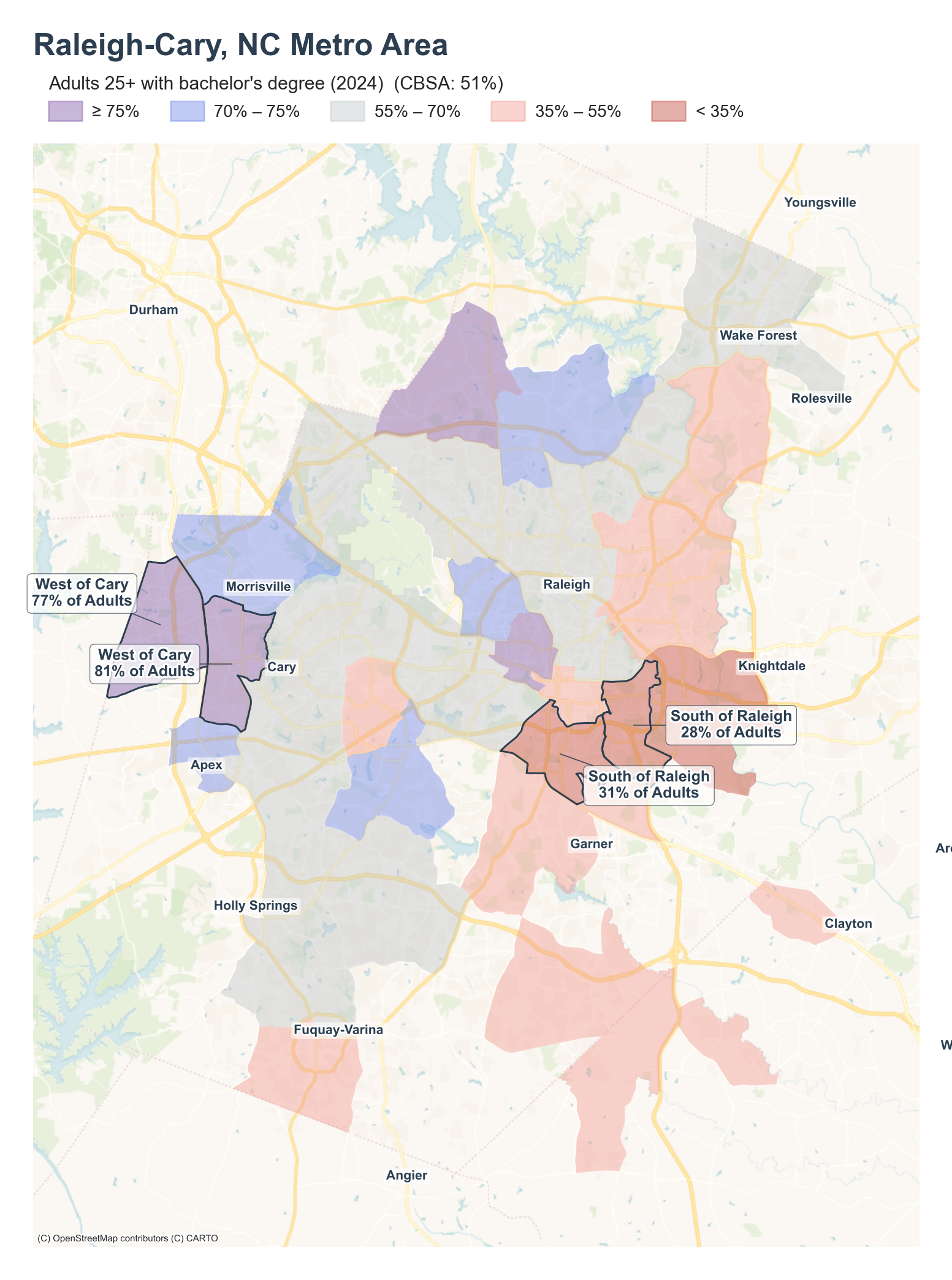 Adults 25+ with bachelor's degree (2024) by neighborhood across the Raleigh metro