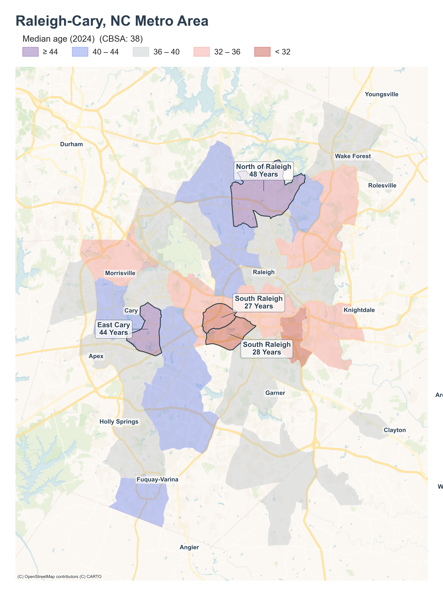 Median age (2024) by neighborhood across the Raleigh metro