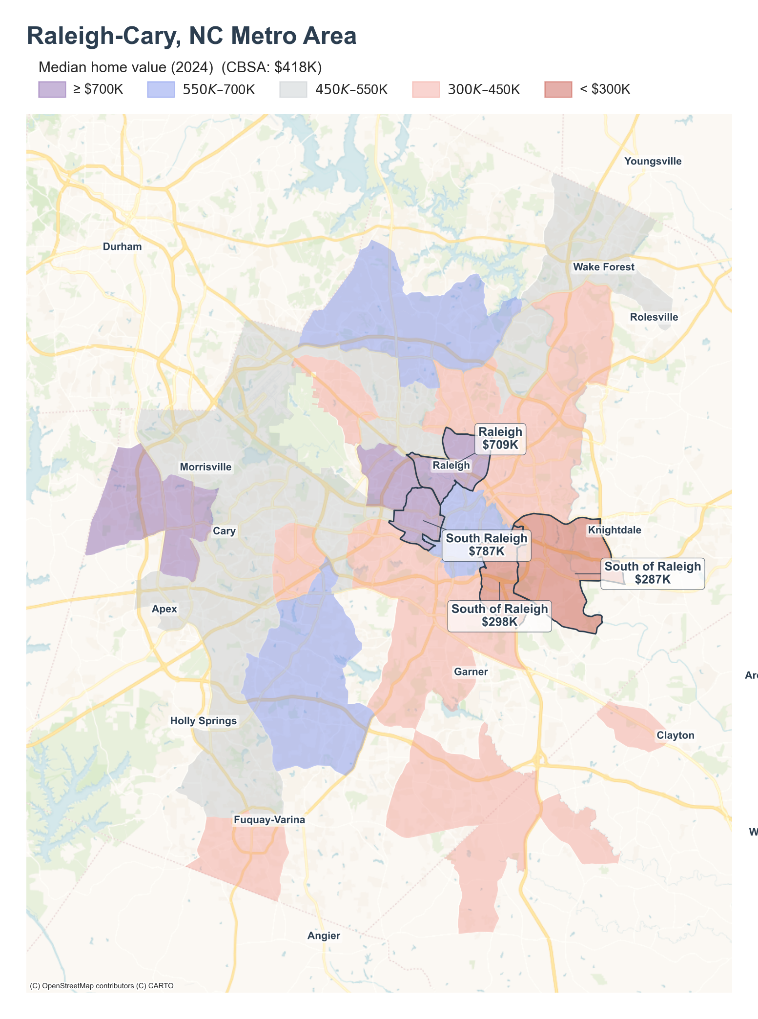 Median home value (2024) by neighborhood across the Raleigh metro