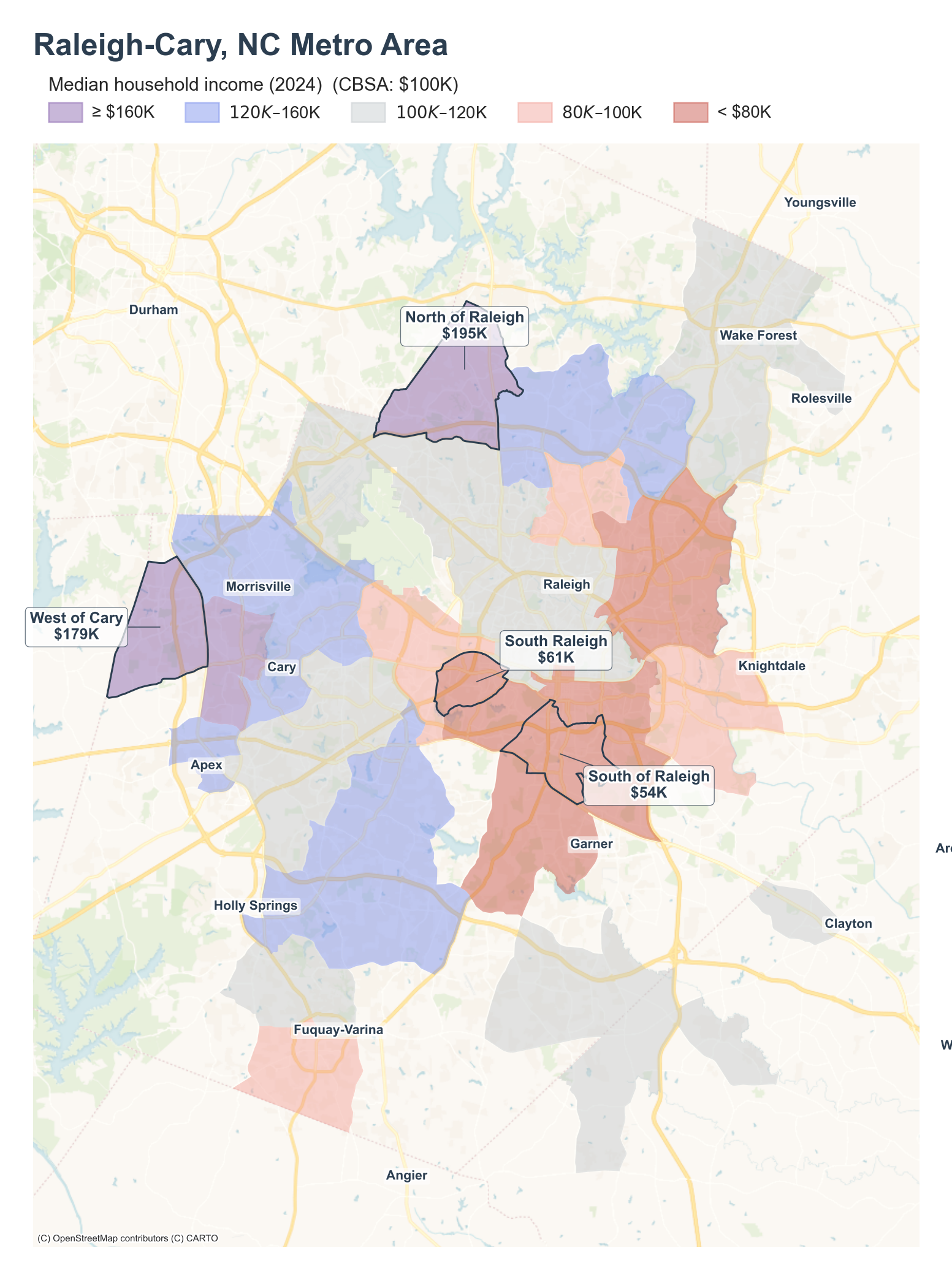 Median household income (2024) by neighborhood across the Raleigh metro