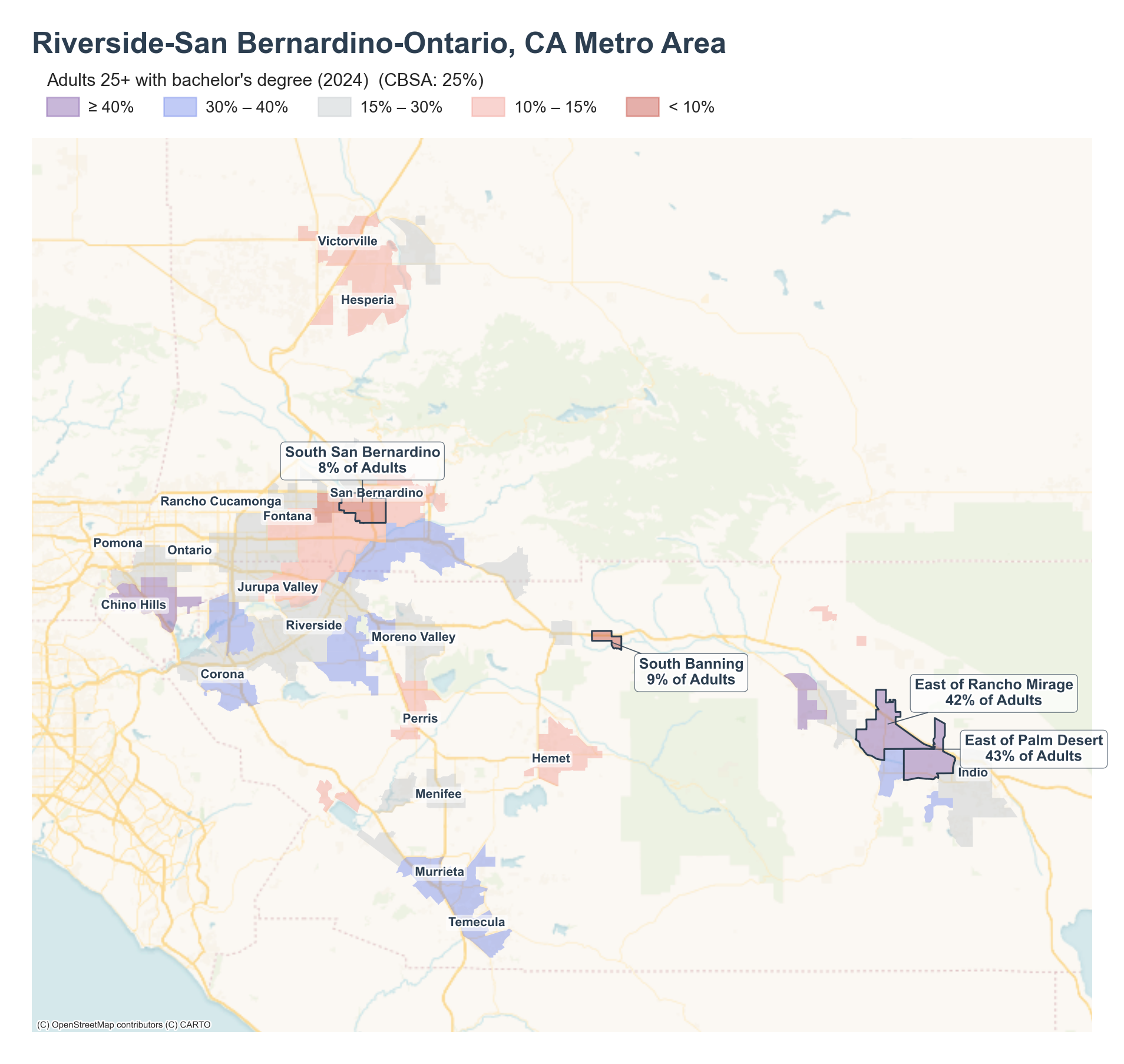 Adults 25+ with bachelor's degree (2024) by neighborhood across the Riverside–San Bernardino metro