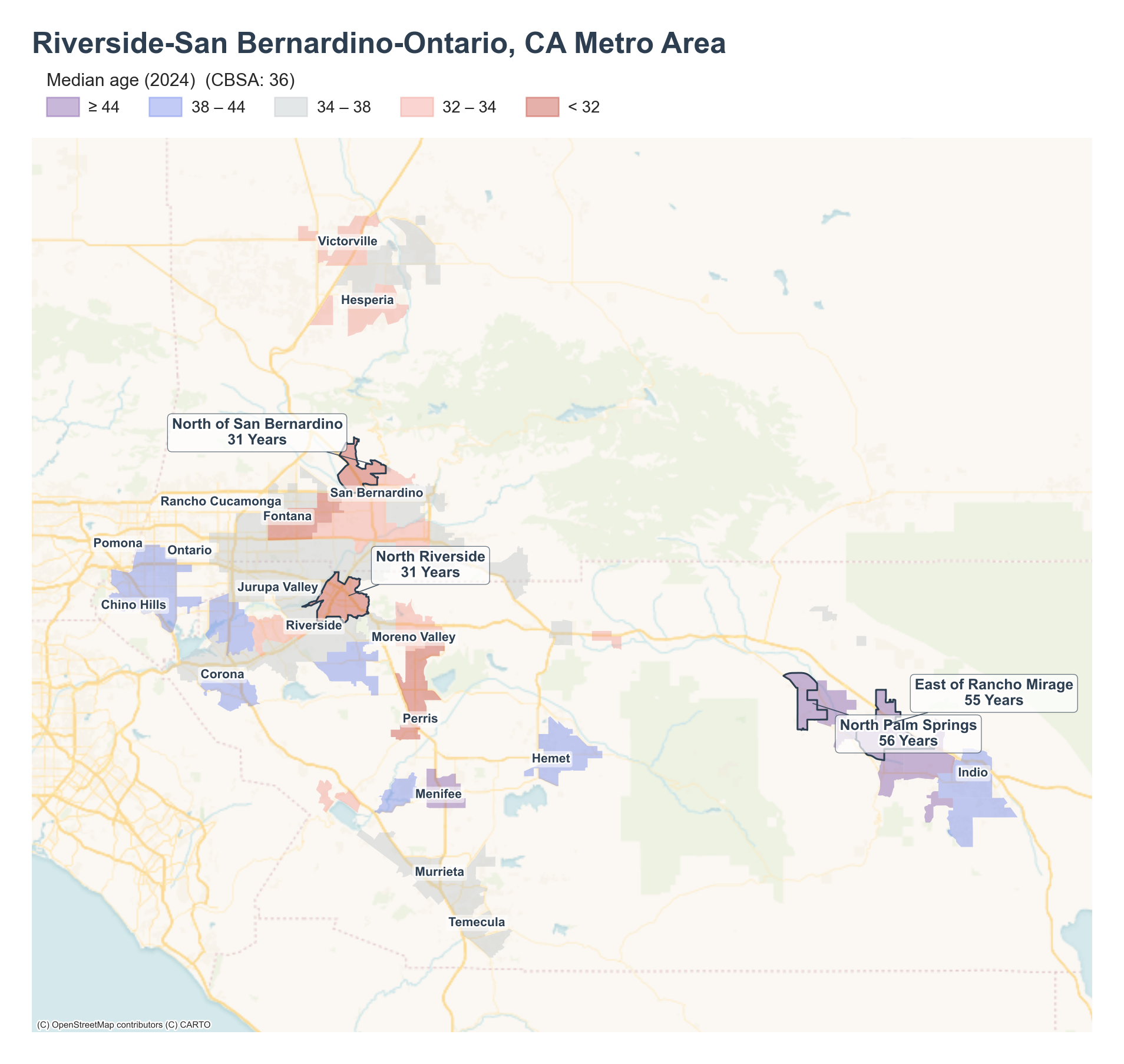 Median age (2024) by neighborhood across the Riverside–San Bernardino metro