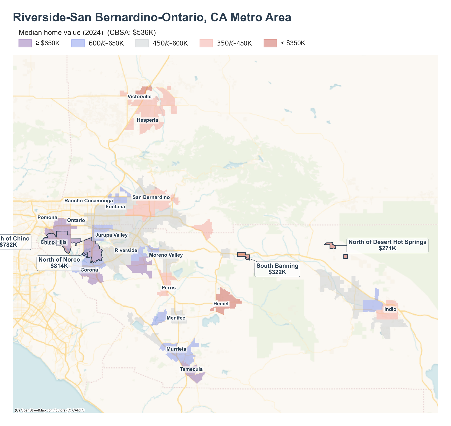 Median home value (2024) by neighborhood across the Riverside–San Bernardino metro