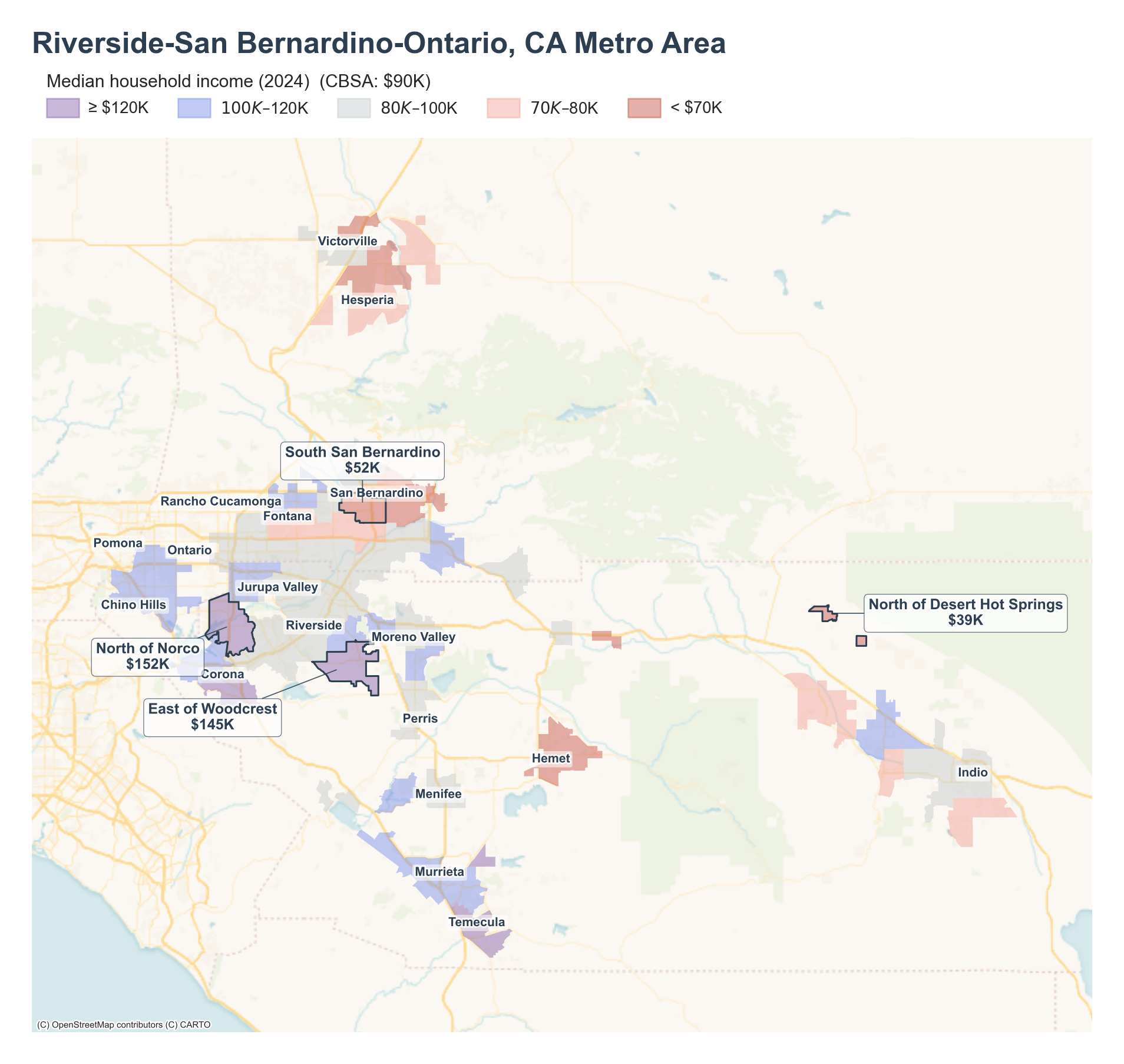 Median household income (2024) by neighborhood across the Riverside–San Bernardino metro