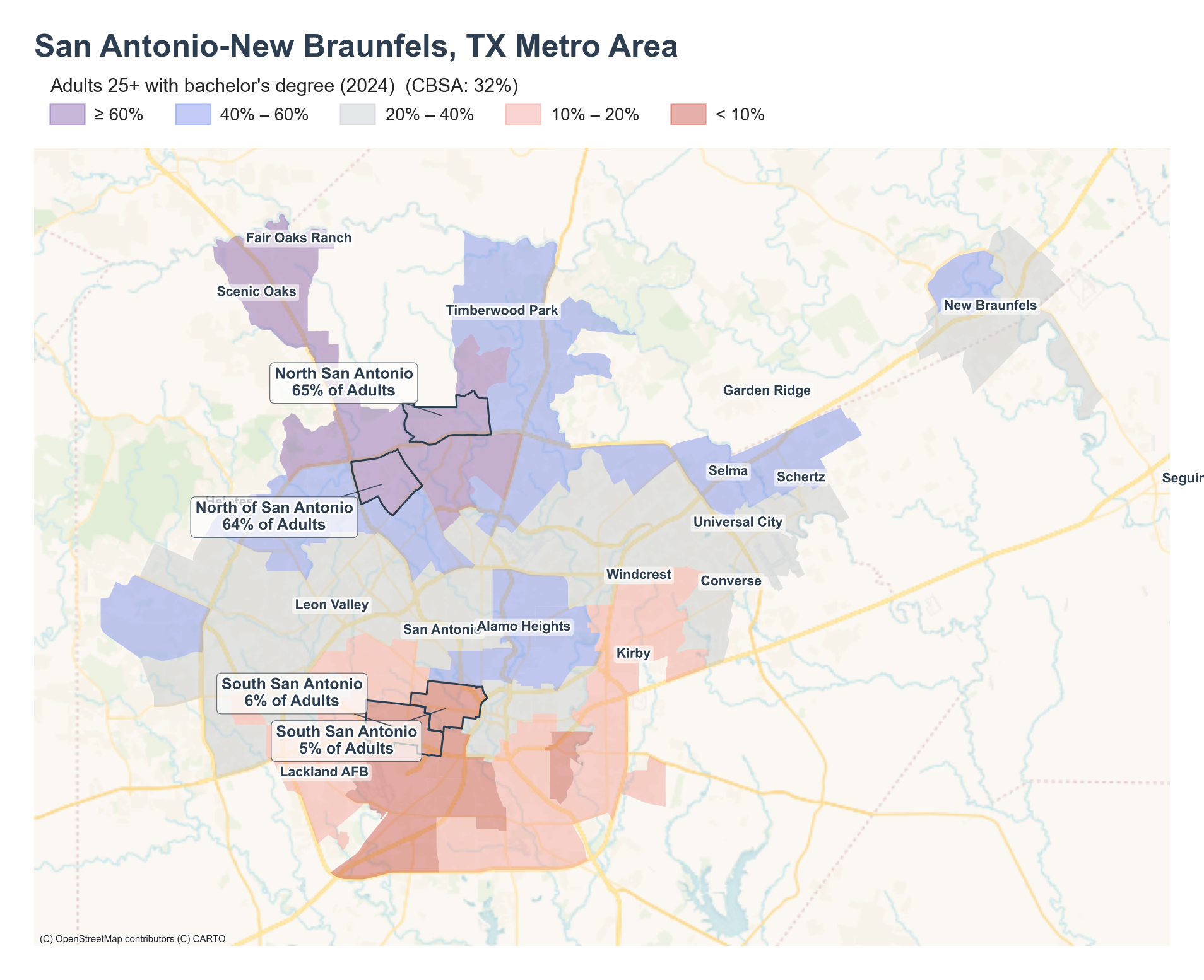 Adults 25+ with bachelor's degree (2024) by neighborhood across the San Antonio metro