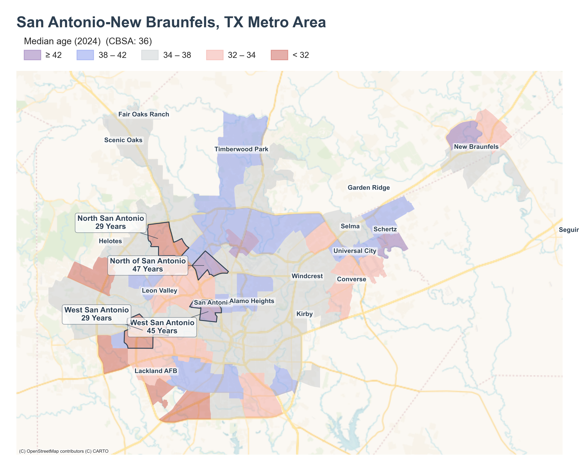 Median age (2024) by neighborhood across the San Antonio metro