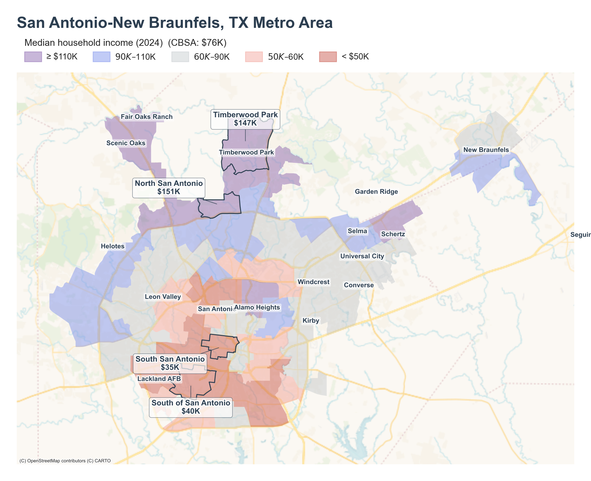 Median household income (2024) by neighborhood across the San Antonio metro