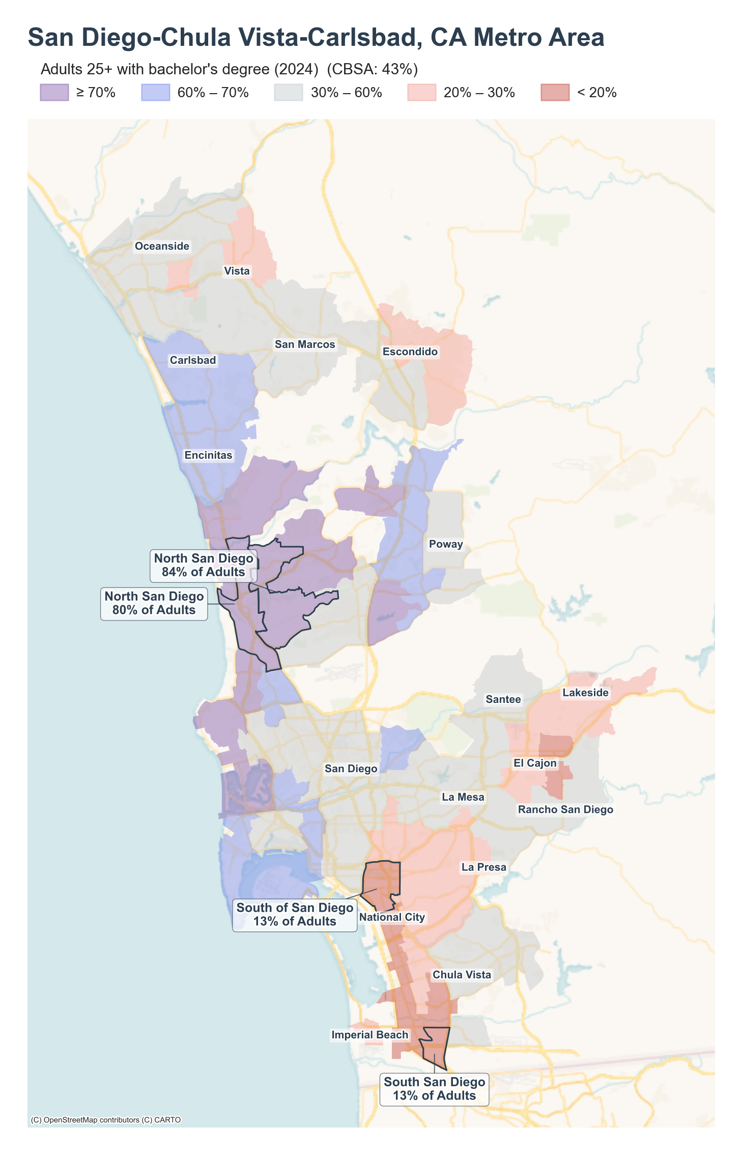 Adults 25+ with bachelor's degree (2024) by neighborhood across the San Diego metro