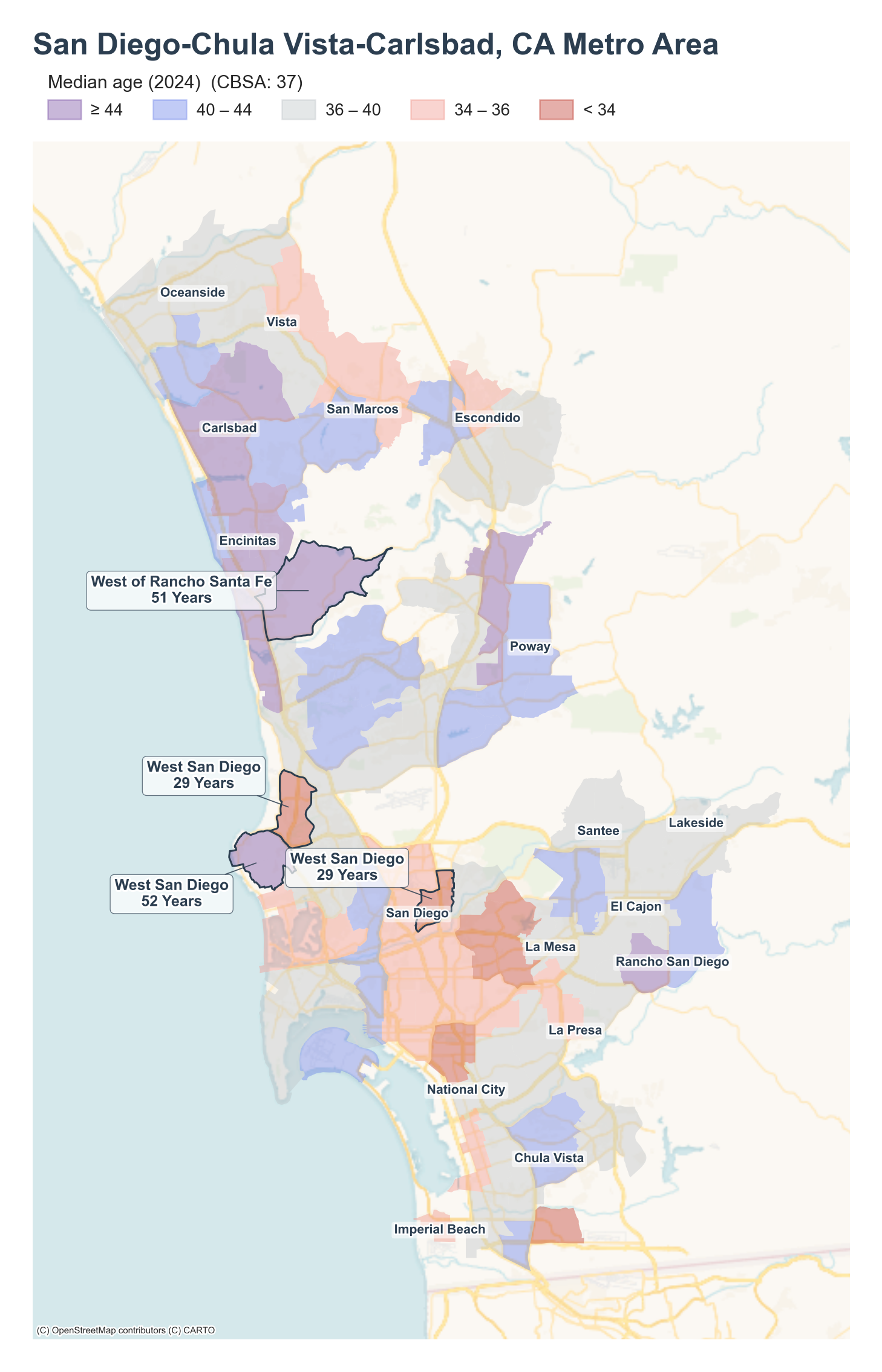 Median age (2024) by neighborhood across the San Diego metro