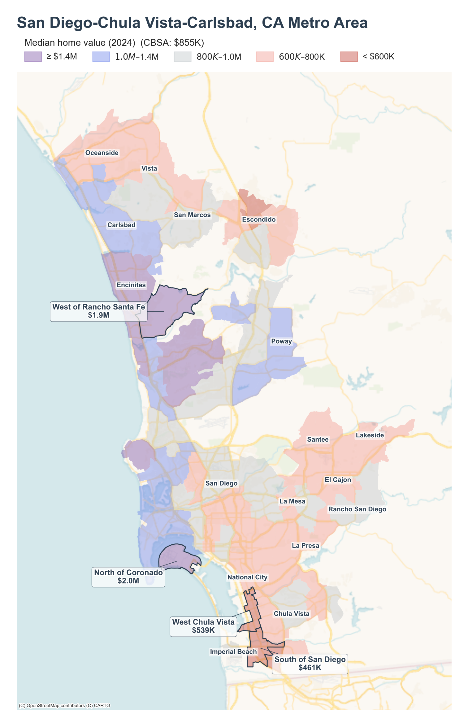 Median home value (2024) by neighborhood across the San Diego metro