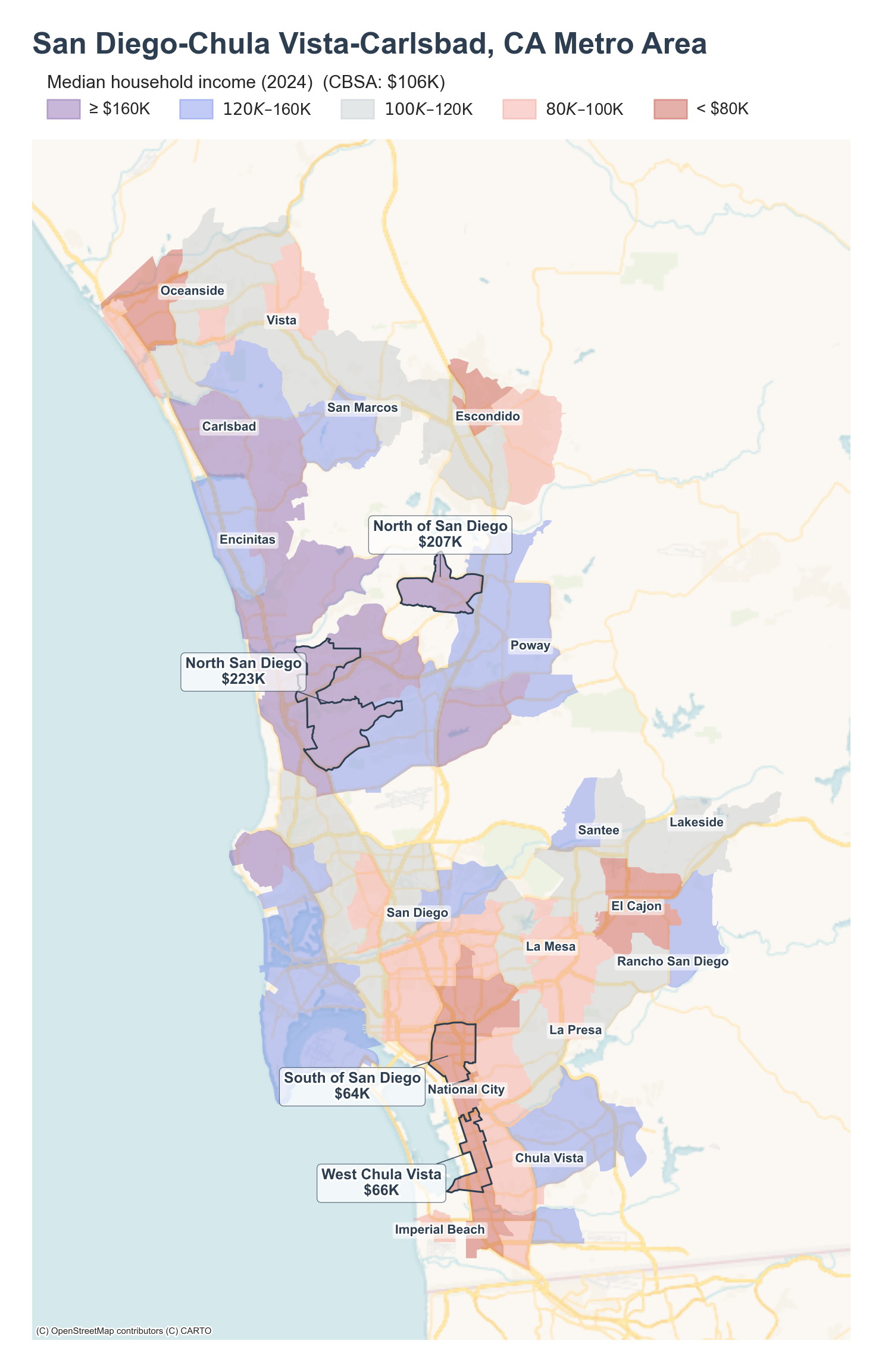 Median household income (2024) by neighborhood across the San Diego metro