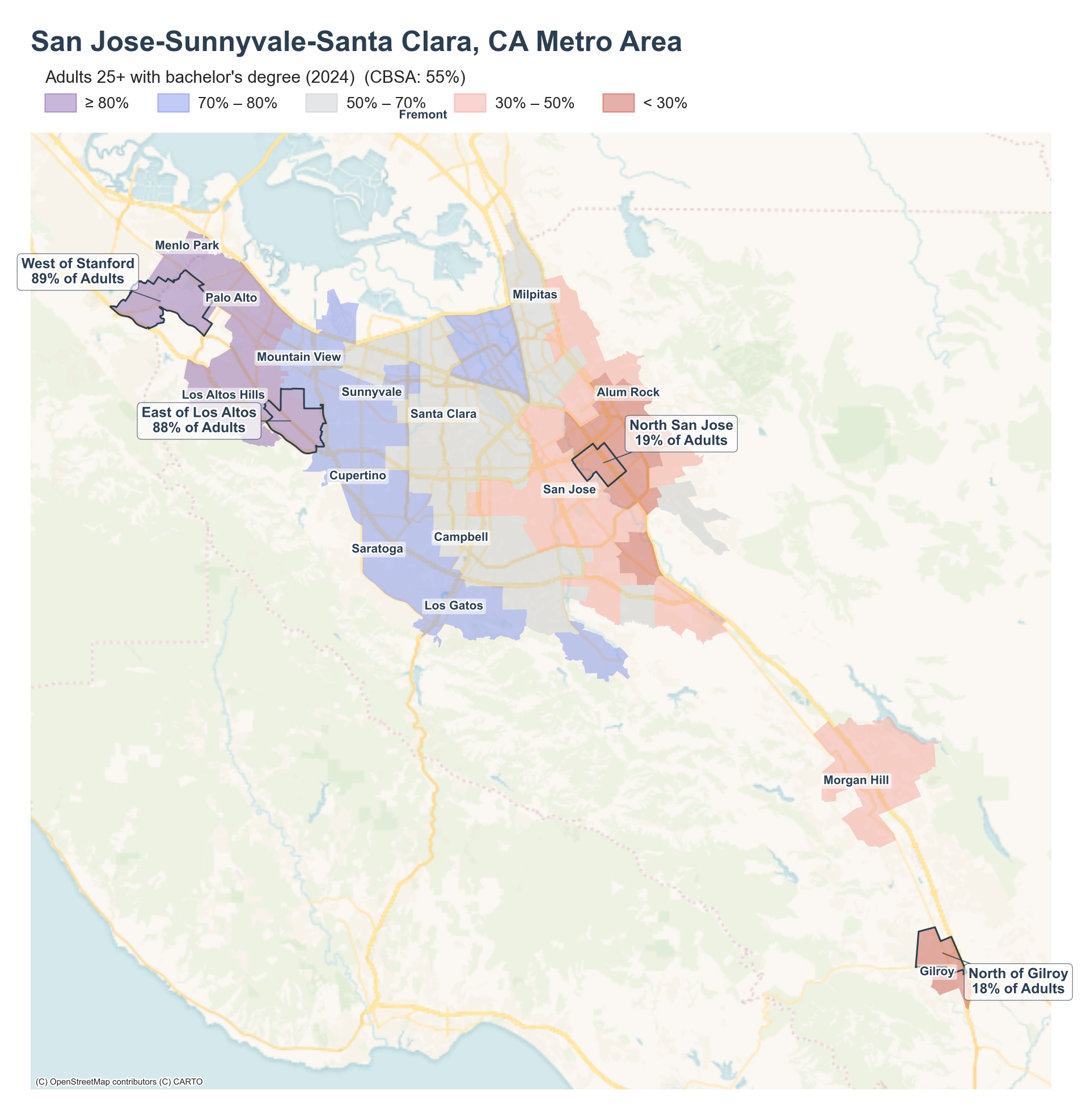Adults 25+ with bachelor's degree (2024) by neighborhood across the San Jose metro