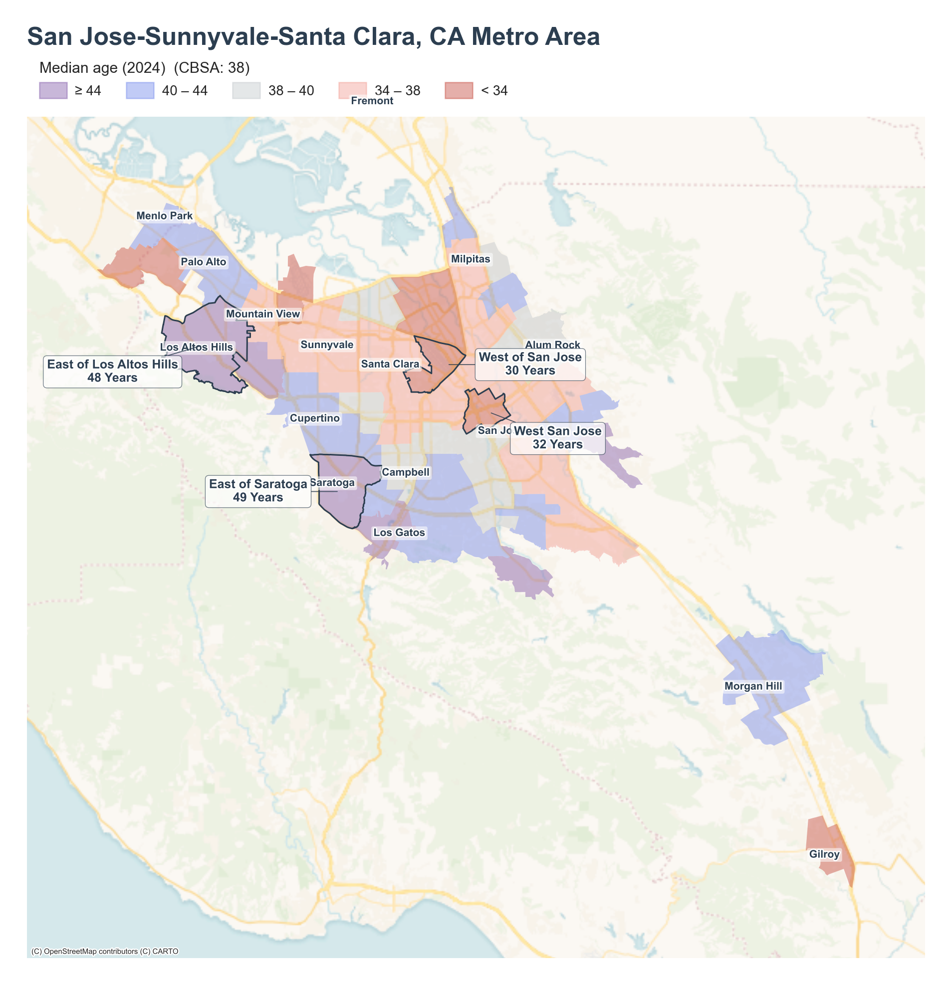 Median age (2024) by neighborhood across the San Jose metro