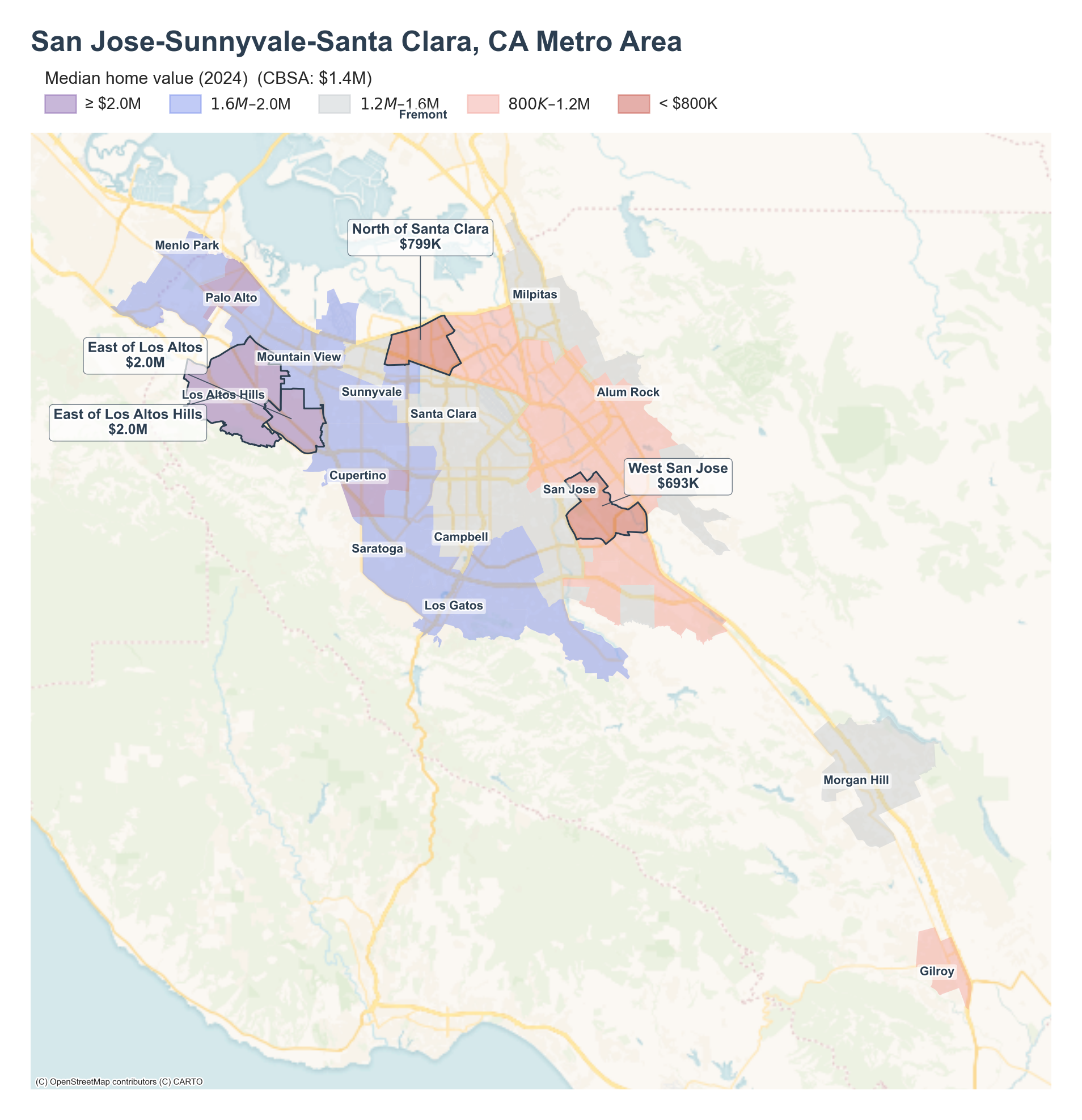 Median home value (2024) by neighborhood across the San Jose metro