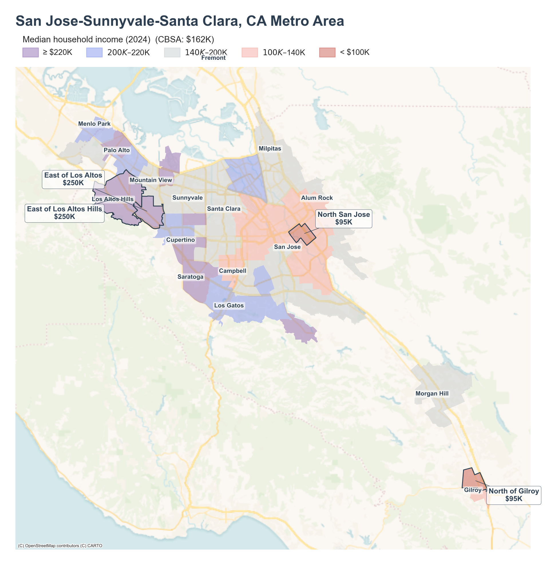 Median household income (2024) by neighborhood across the San Jose metro