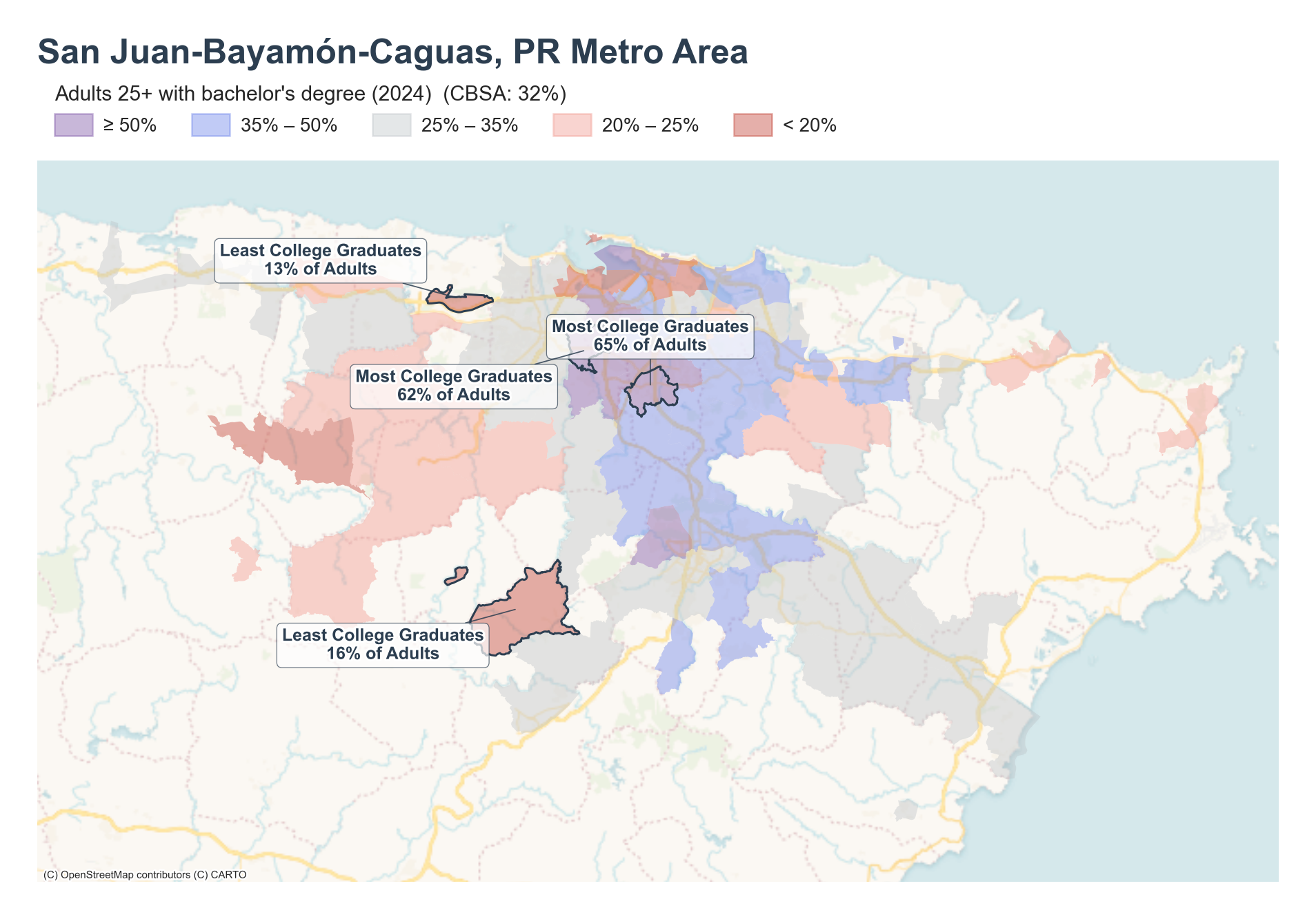 Adults 25+ with bachelor's degree (2024) by neighborhood across the San Juan metro