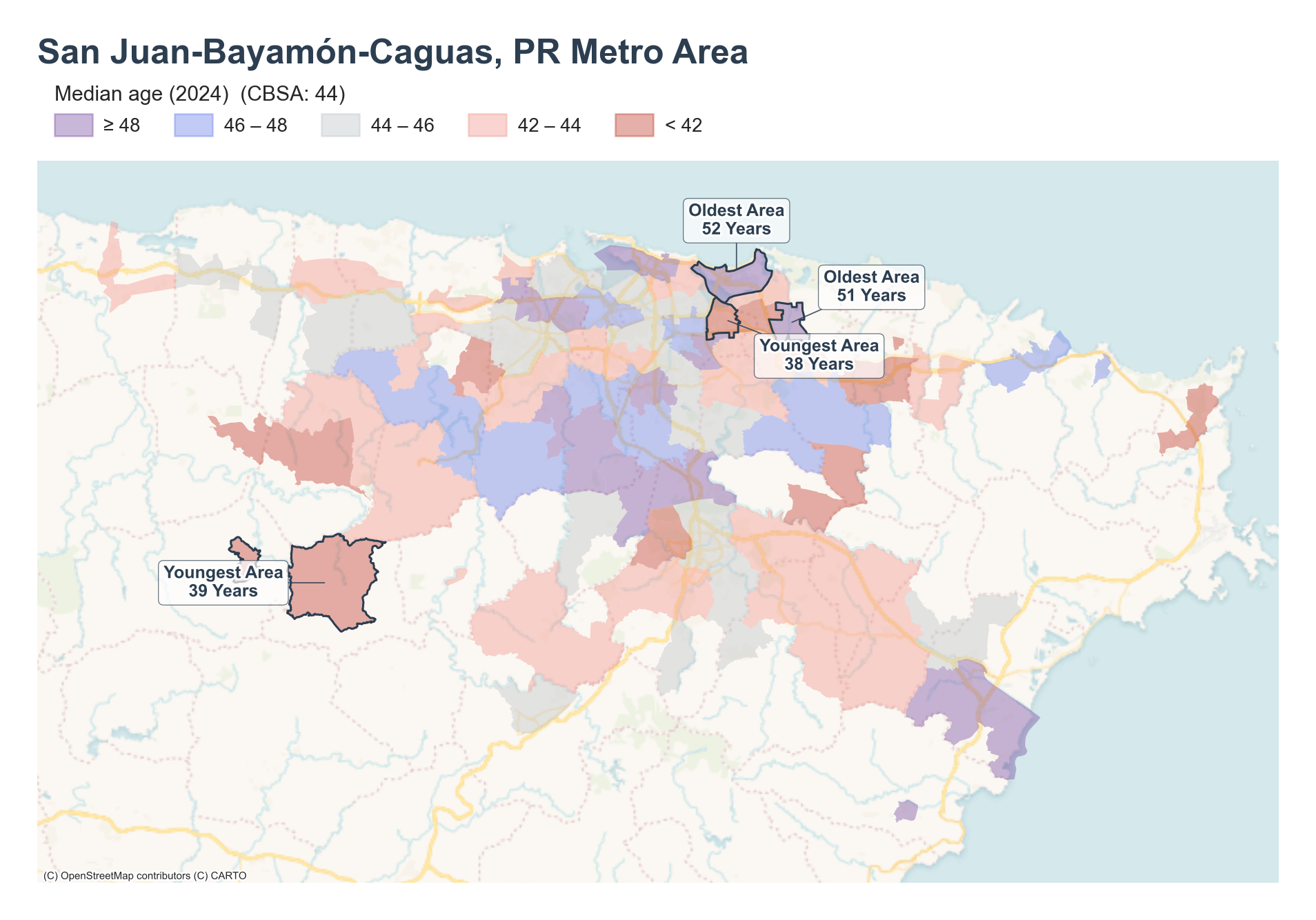 Median age (2024) by neighborhood across the San Juan metro