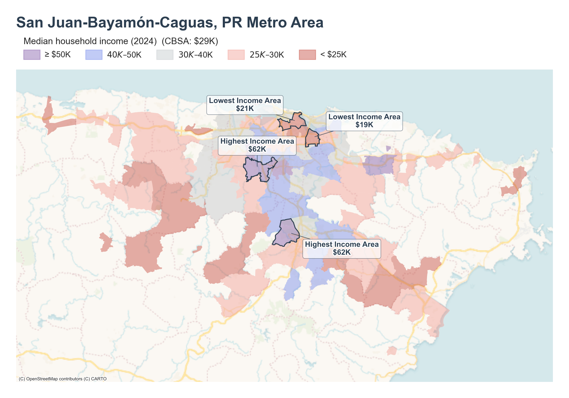 Median household income (2024) by neighborhood across the San Juan metro