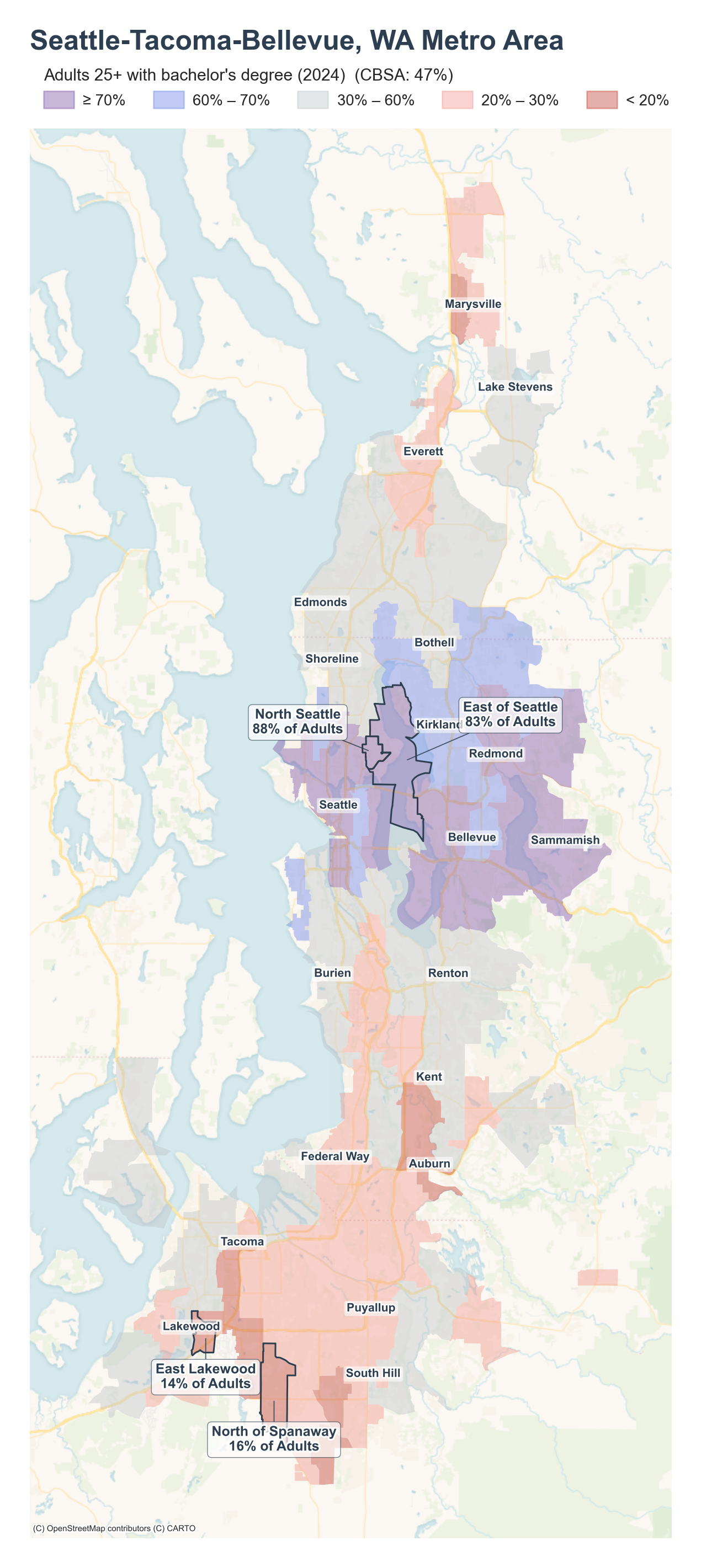 Adults 25+ with bachelor's degree (2024) by neighborhood across the Seattle-Tacoma-Bellevue metro