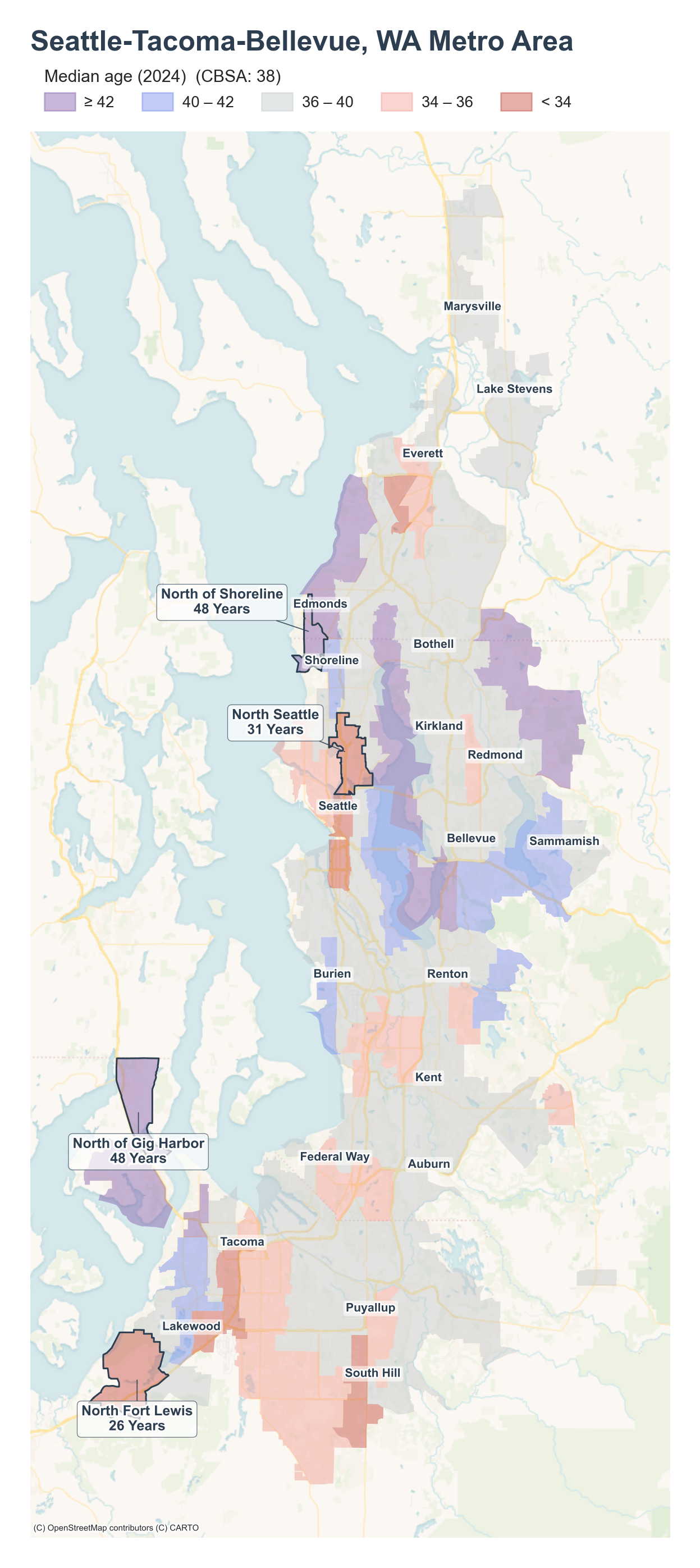 Median age (2024) by neighborhood across the Seattle-Tacoma-Bellevue metro