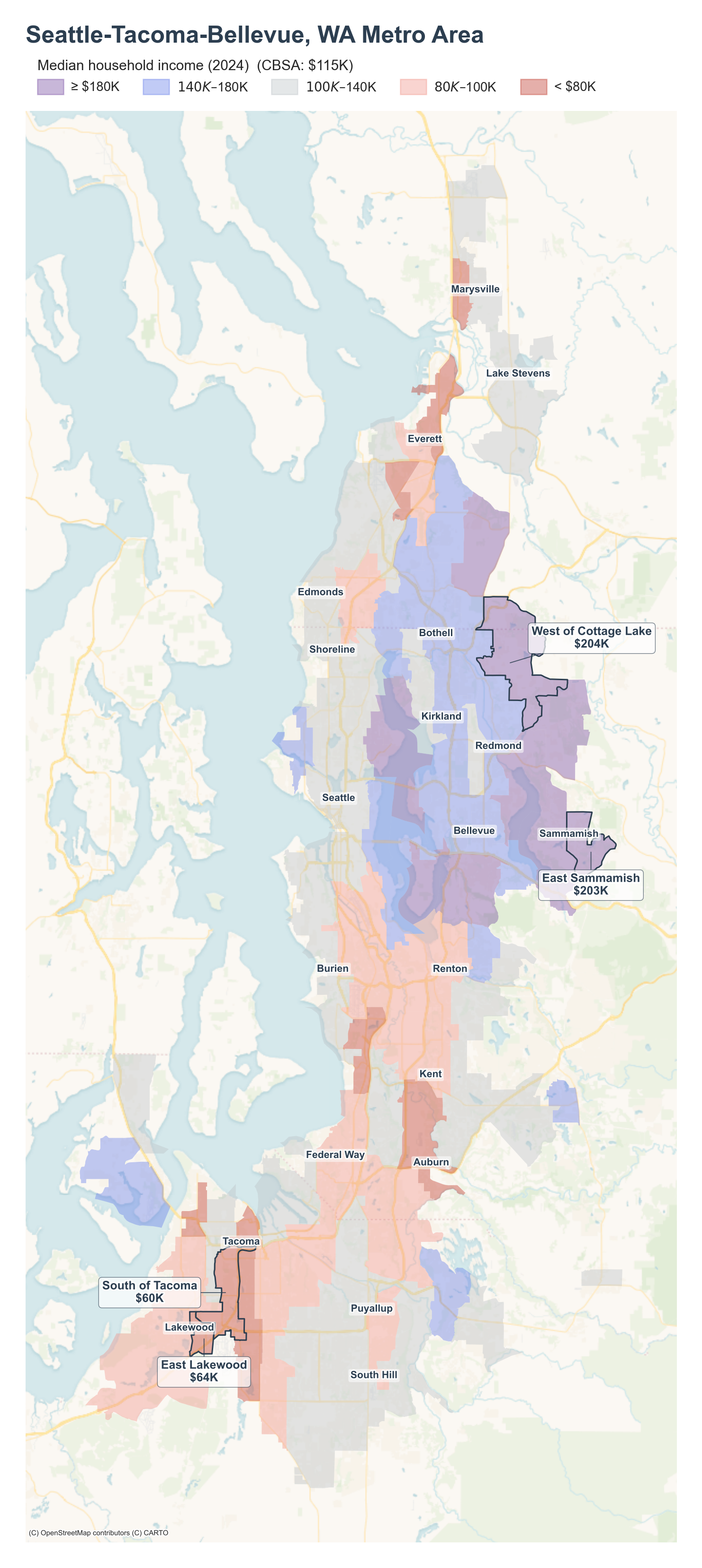 Median household income (2024) by neighborhood across the Seattle-Tacoma-Bellevue metro