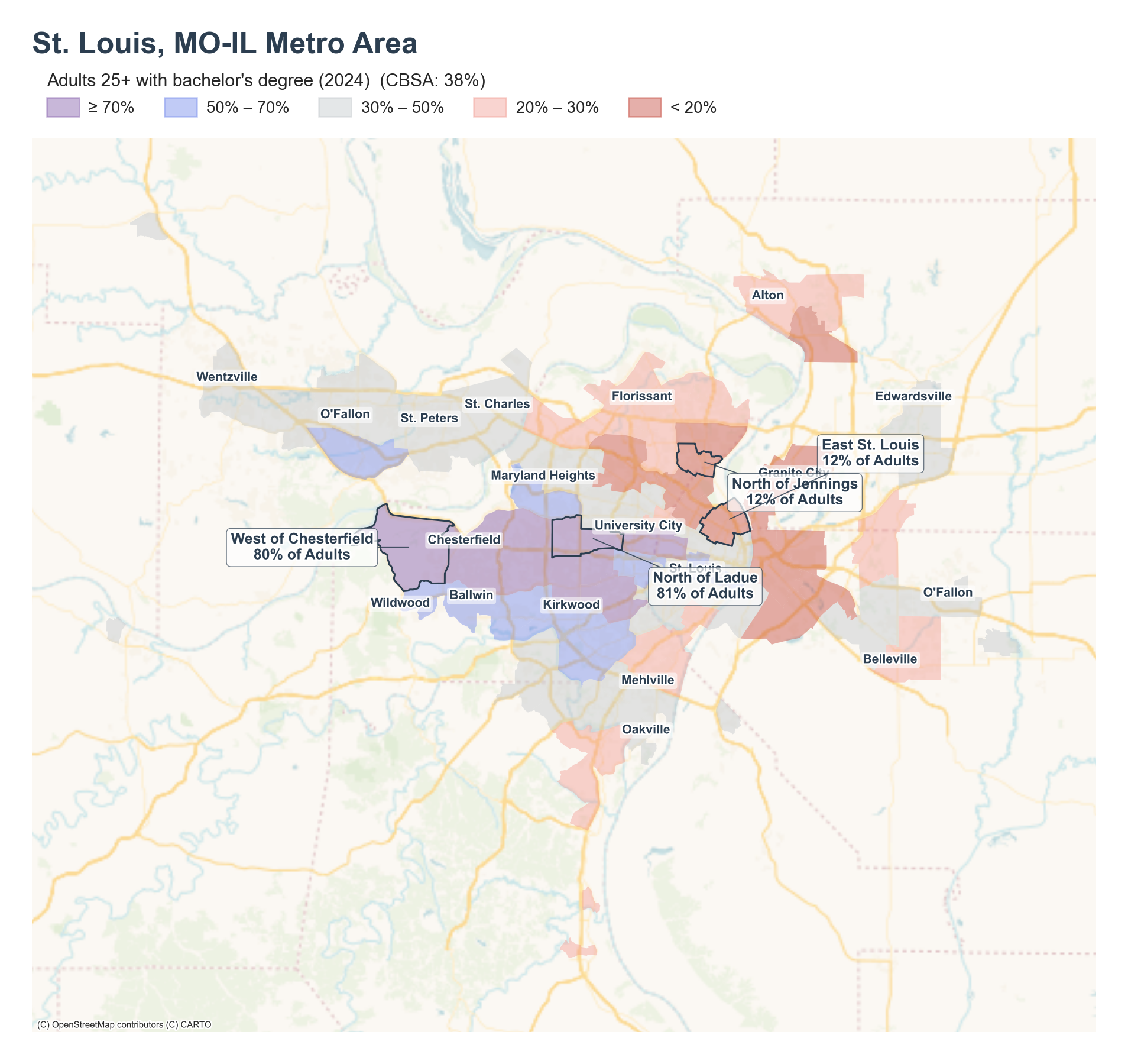 Adults 25+ with bachelor's degree (2024) by neighborhood across the St. Louis metro