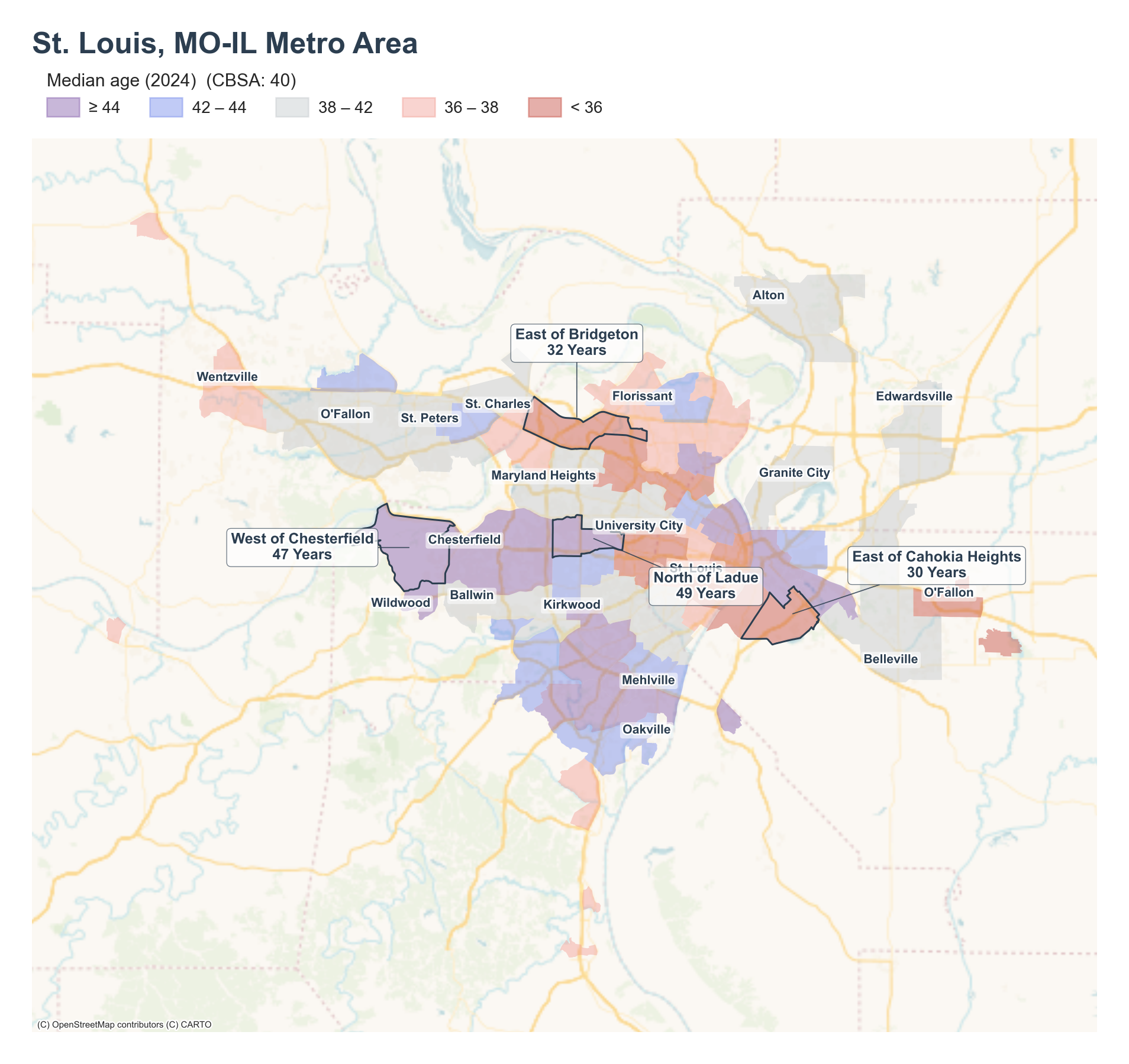 Median age (2024) by neighborhood across the St. Louis metro