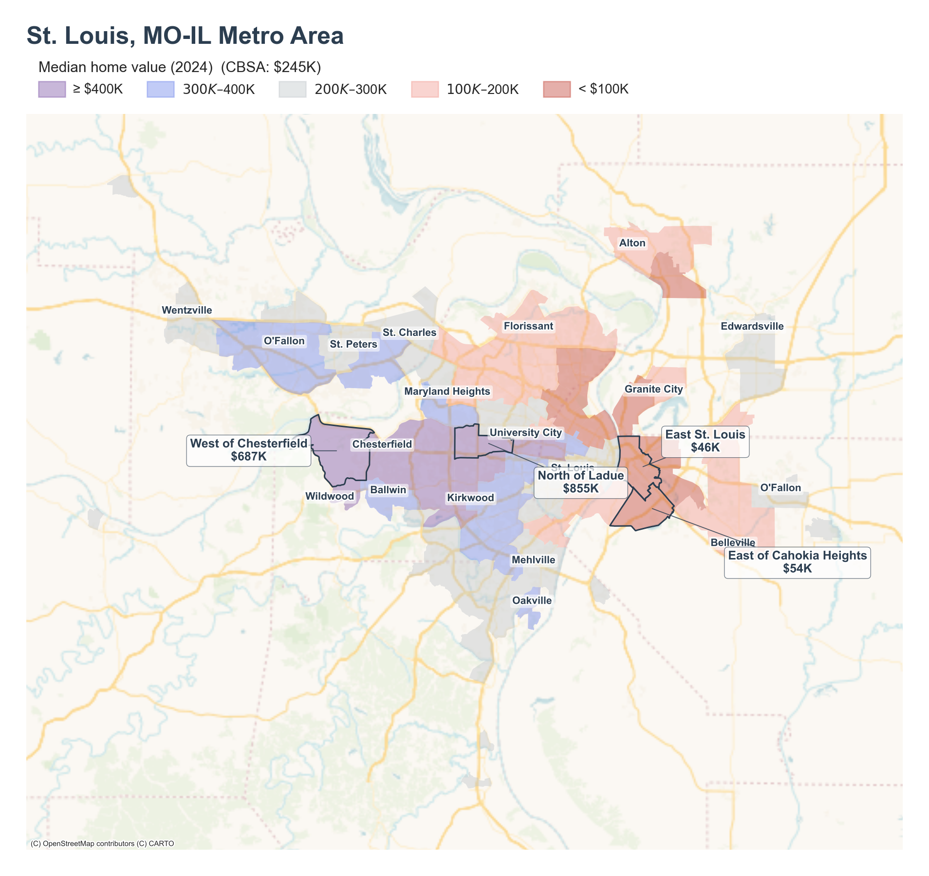 Median home value (2024) by neighborhood across the St. Louis metro