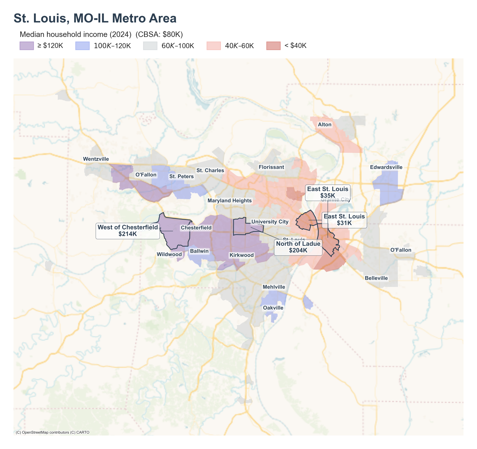 Median household income (2024) by neighborhood across the St. Louis metro