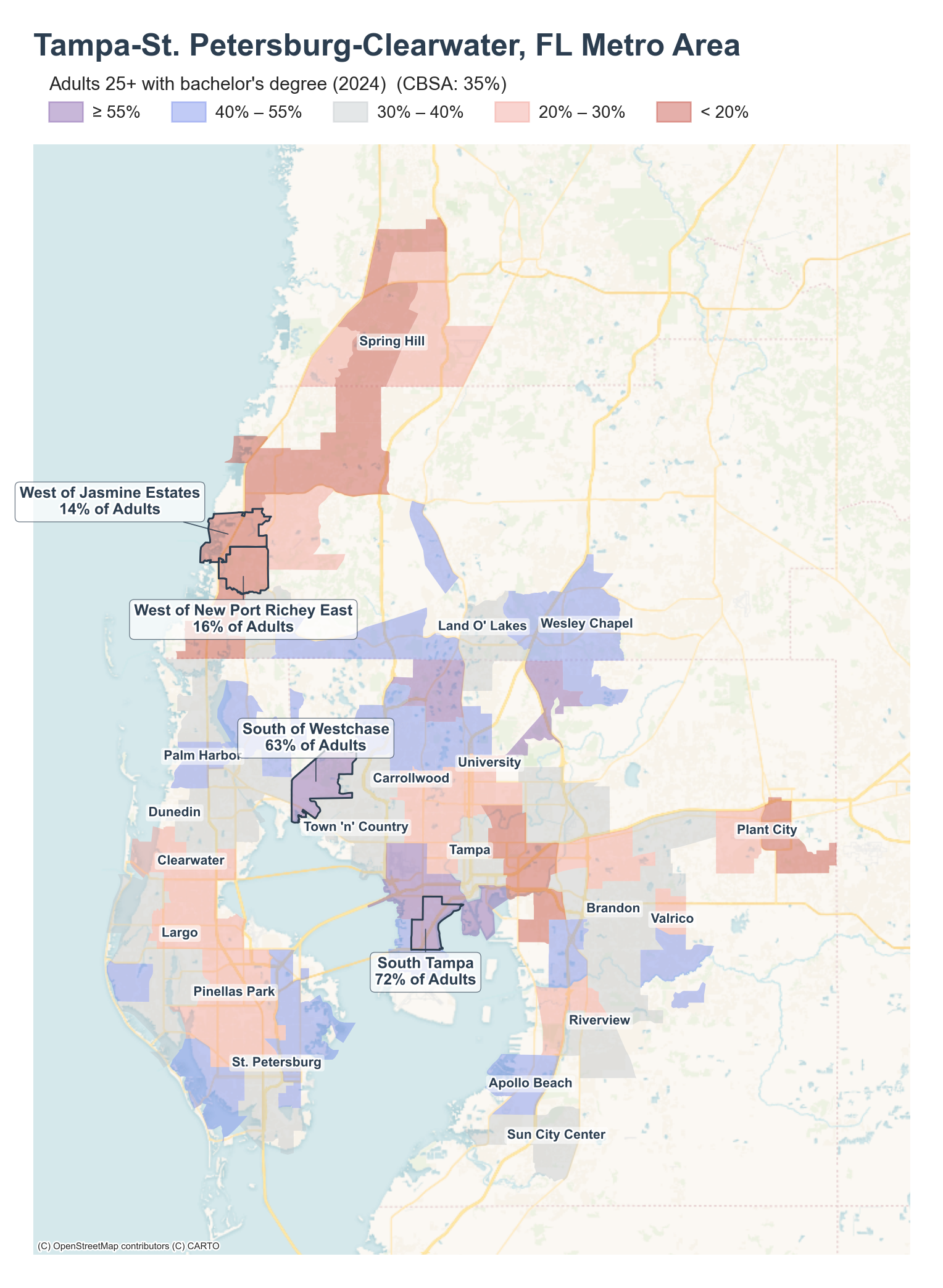 Adults 25+ with bachelor's degree (2024) by neighborhood across the Tampa metro