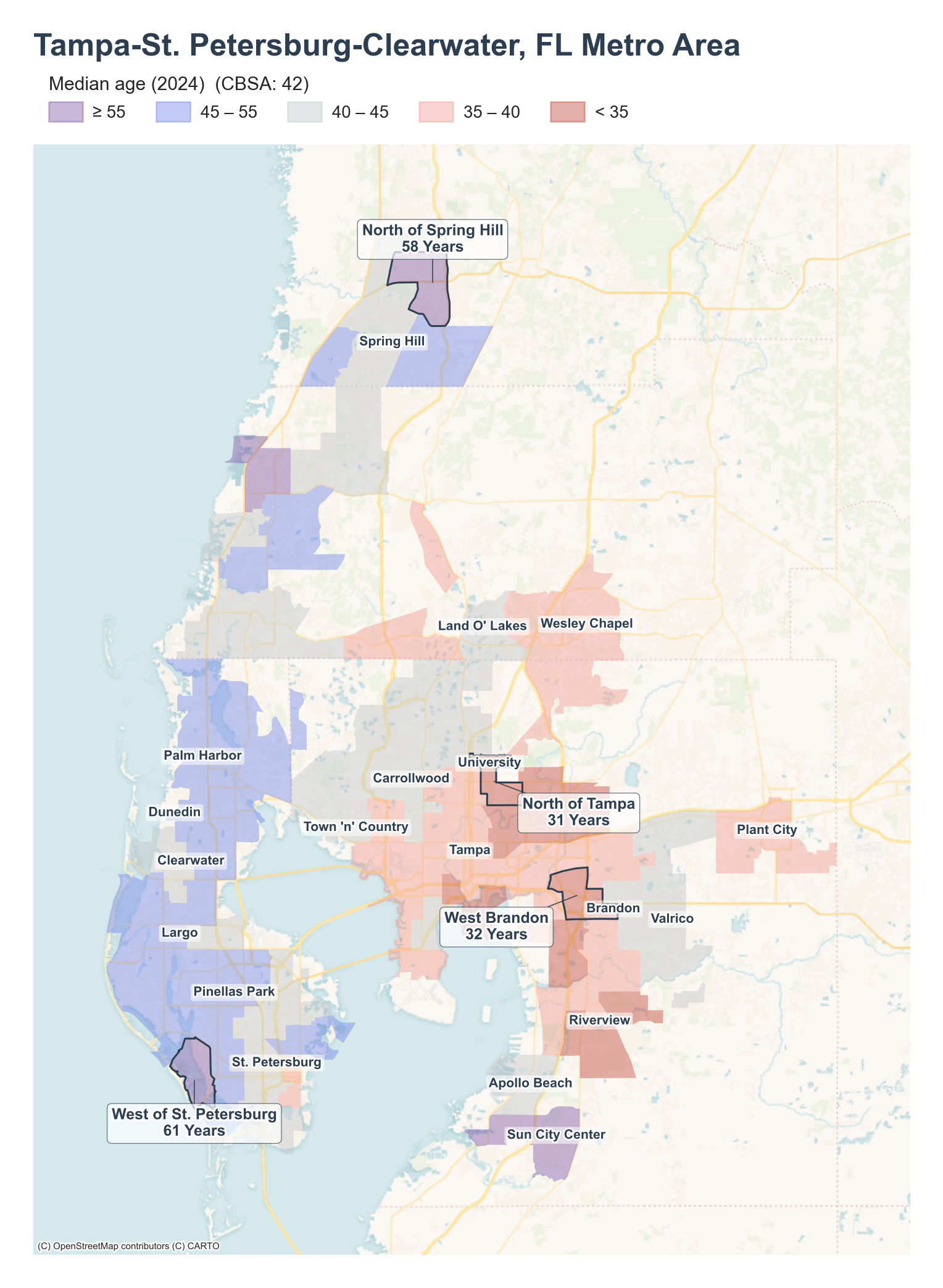 Median age (2024) by neighborhood across the Tampa metro