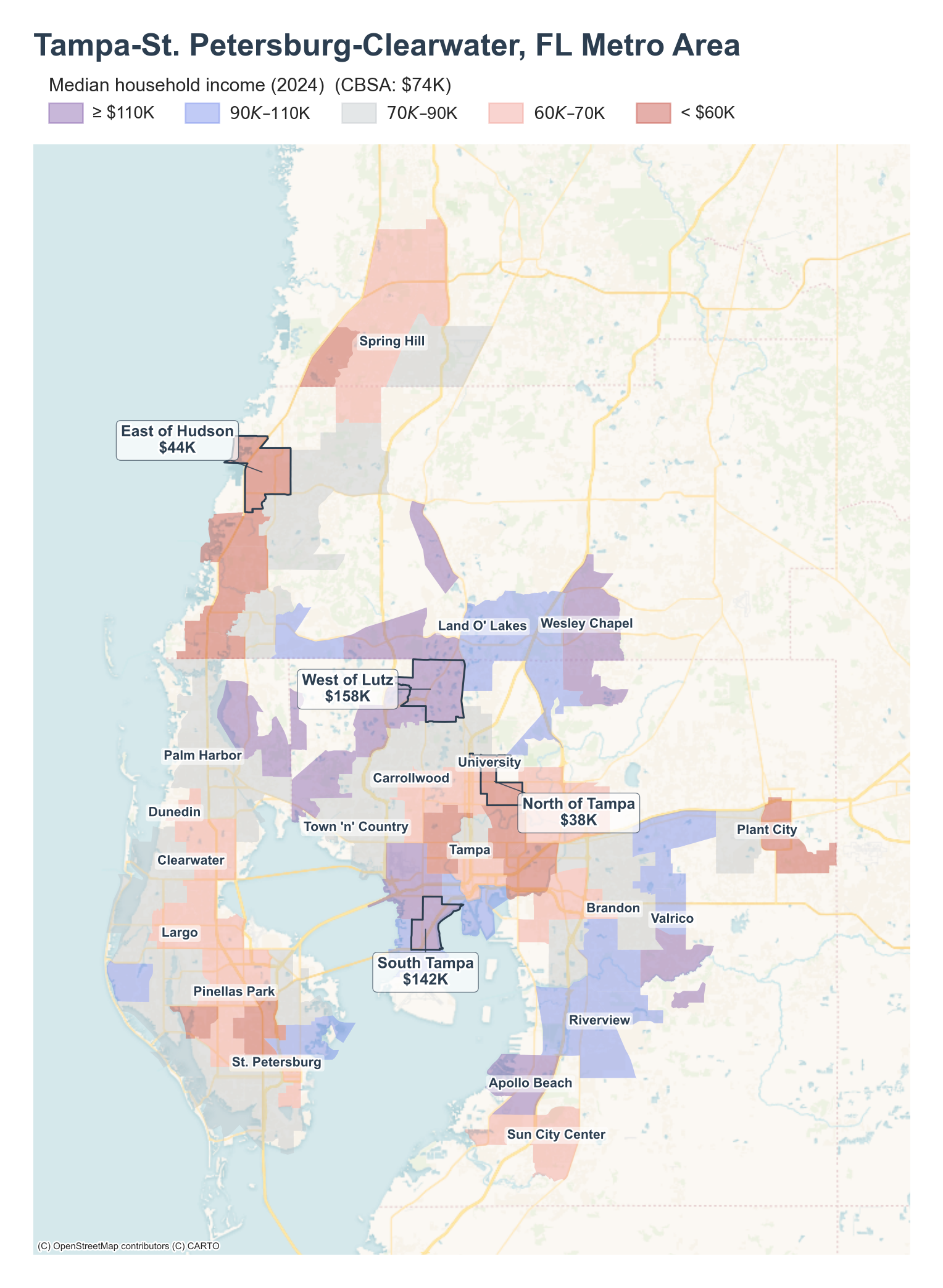 Median household income (2024) by neighborhood across the Tampa metro