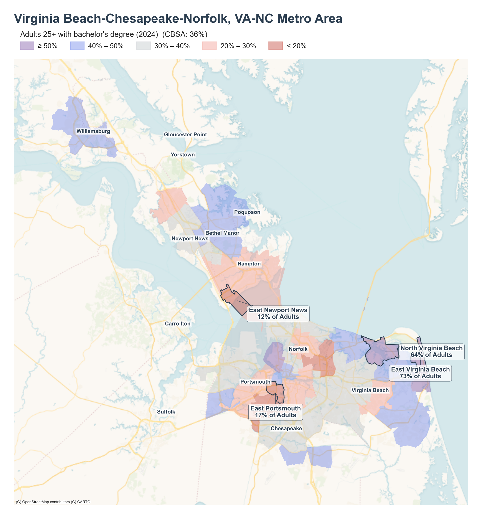 Adults 25+ with bachelor's degree (2024) by neighborhood across the Virginia Beach metro