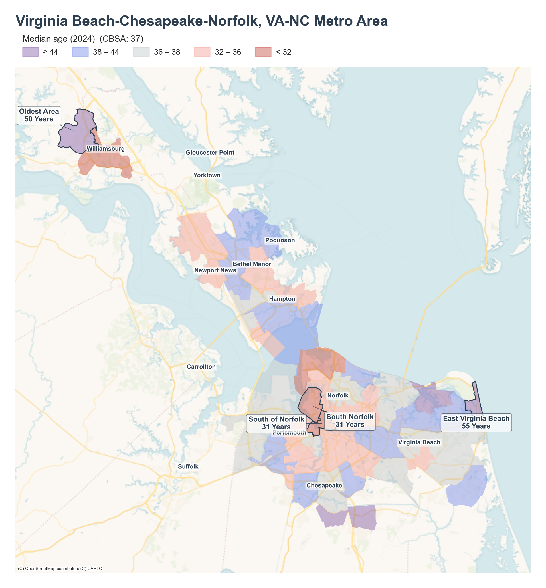 Median age (2024) by neighborhood across the Virginia Beach metro