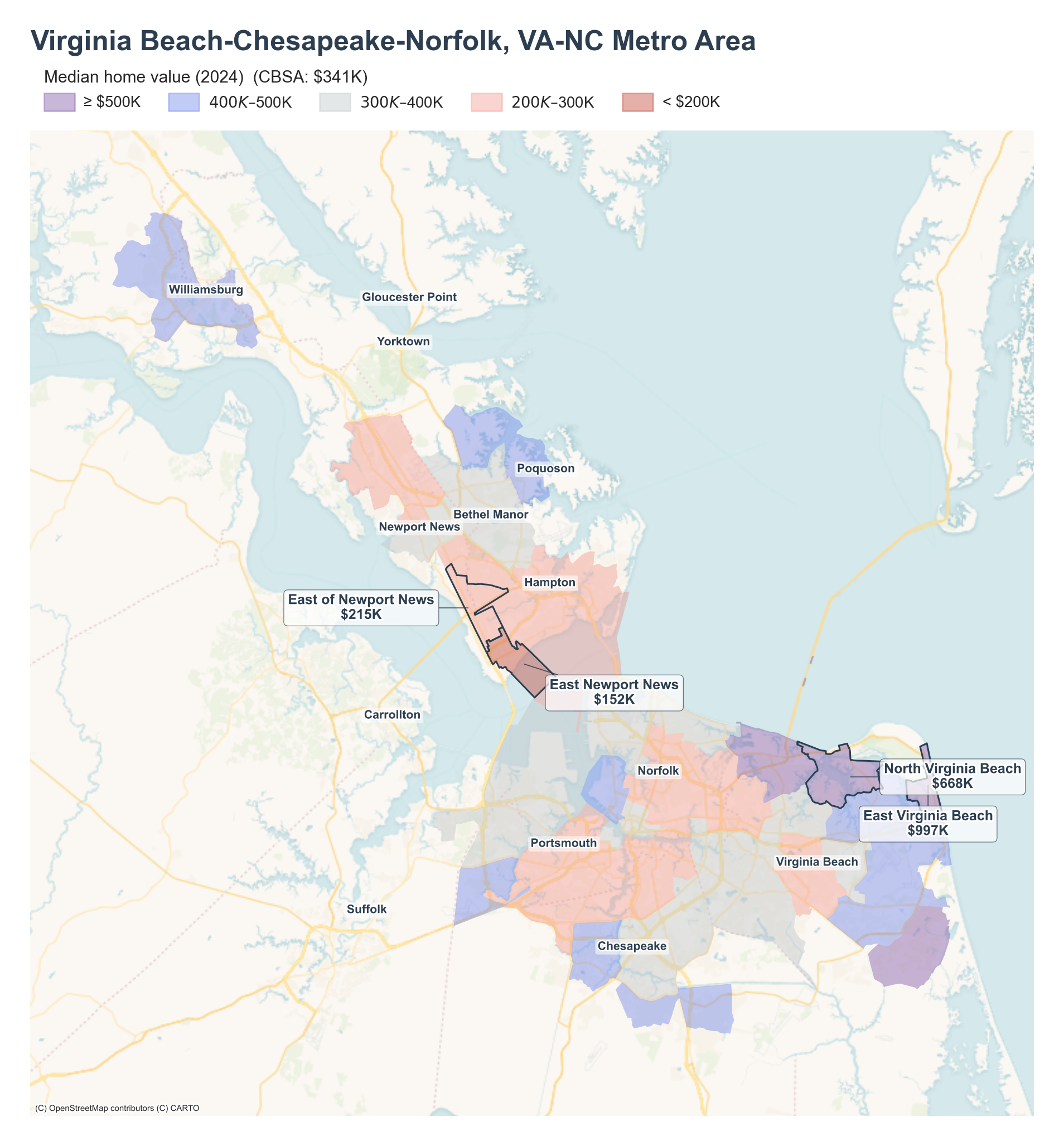 Median home value (2024) by neighborhood across the Virginia Beach metro