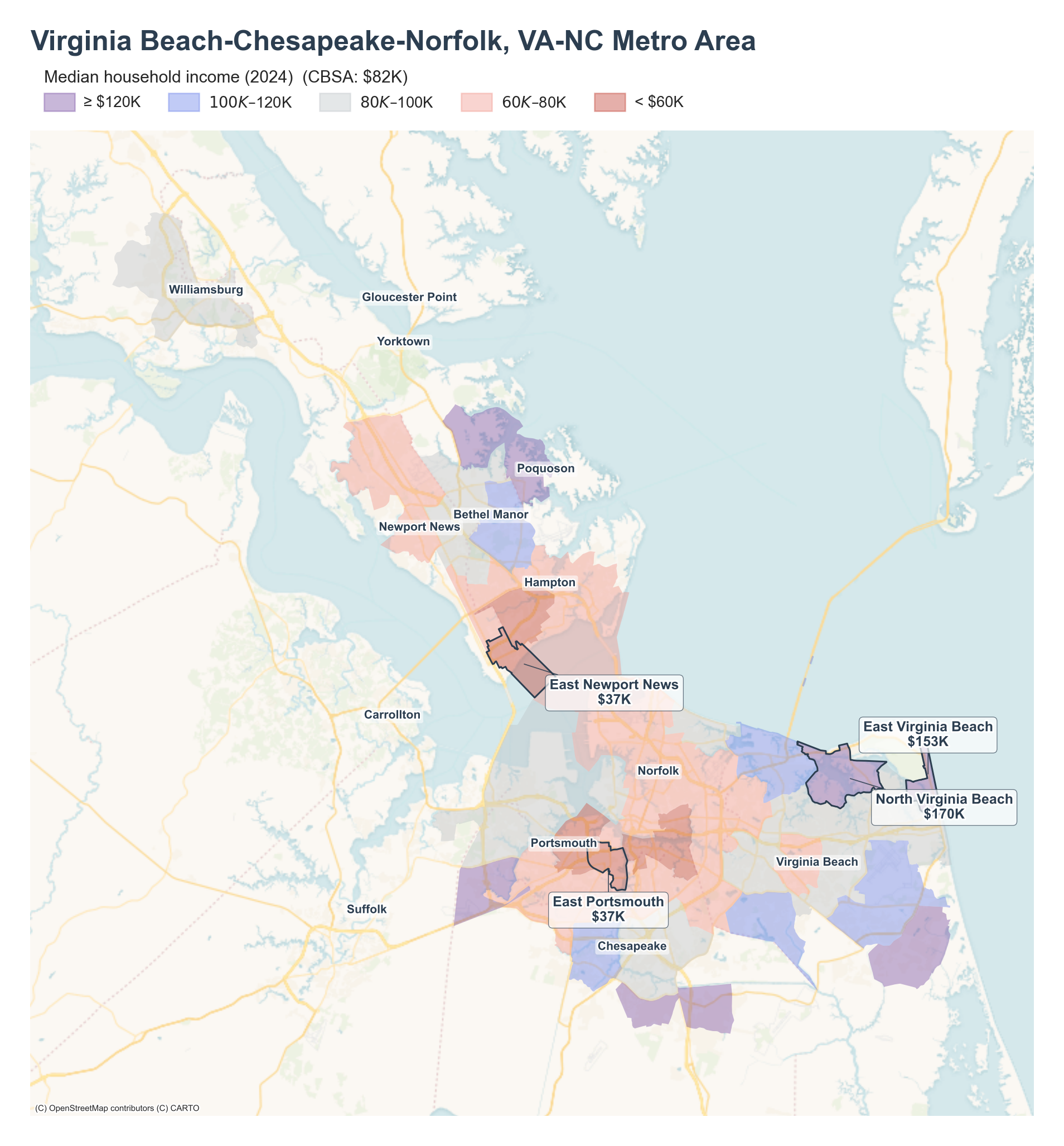 Median household income (2024) by neighborhood across the Virginia Beach metro