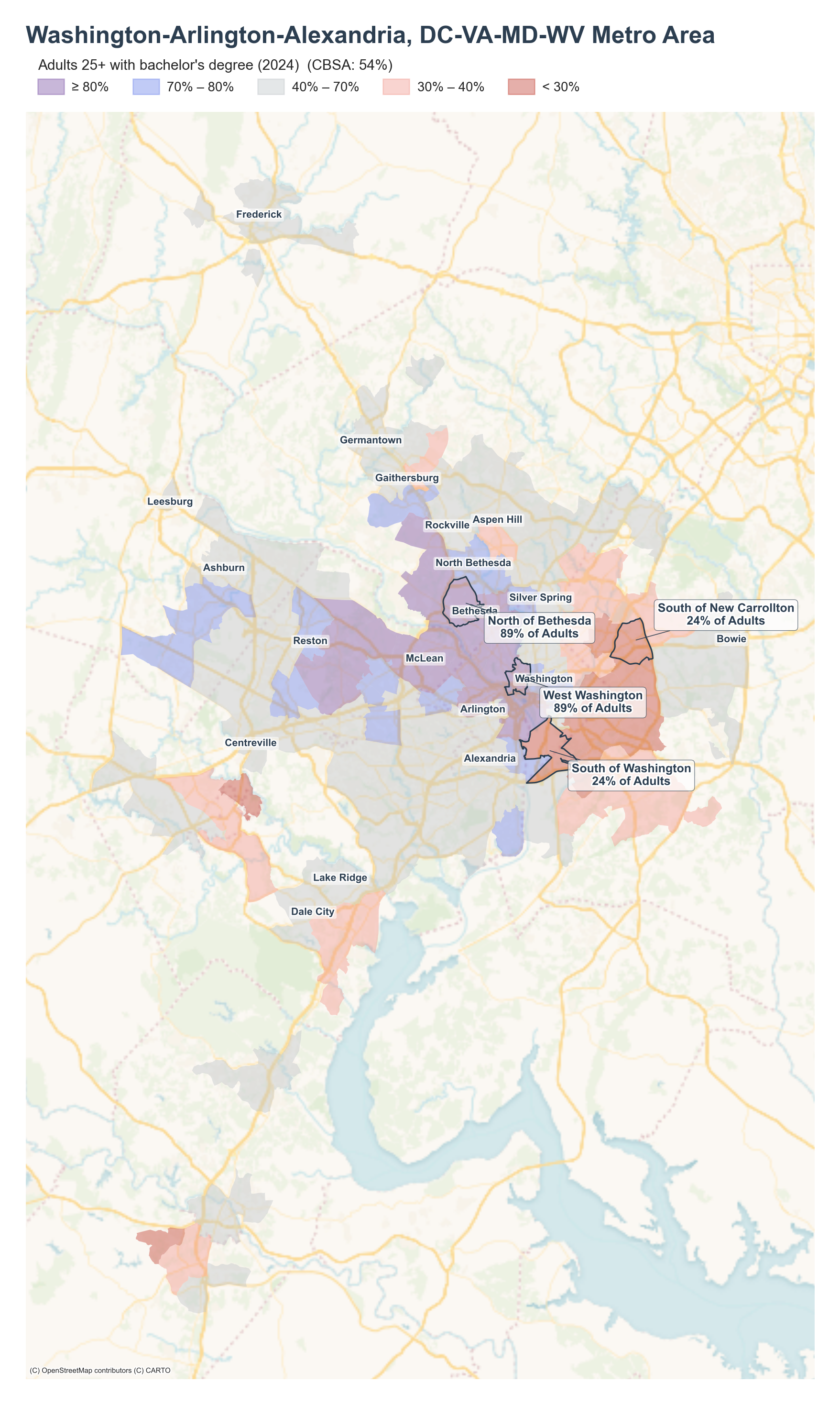 Adults 25+ with bachelor's degree (2024) by neighborhood across the Washington, DC metro