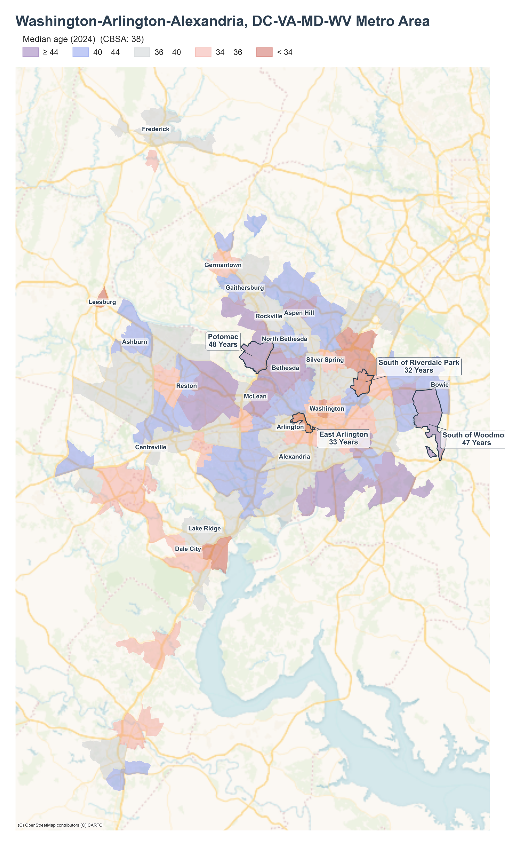 Median age (2024) by neighborhood across the Washington, DC metro
