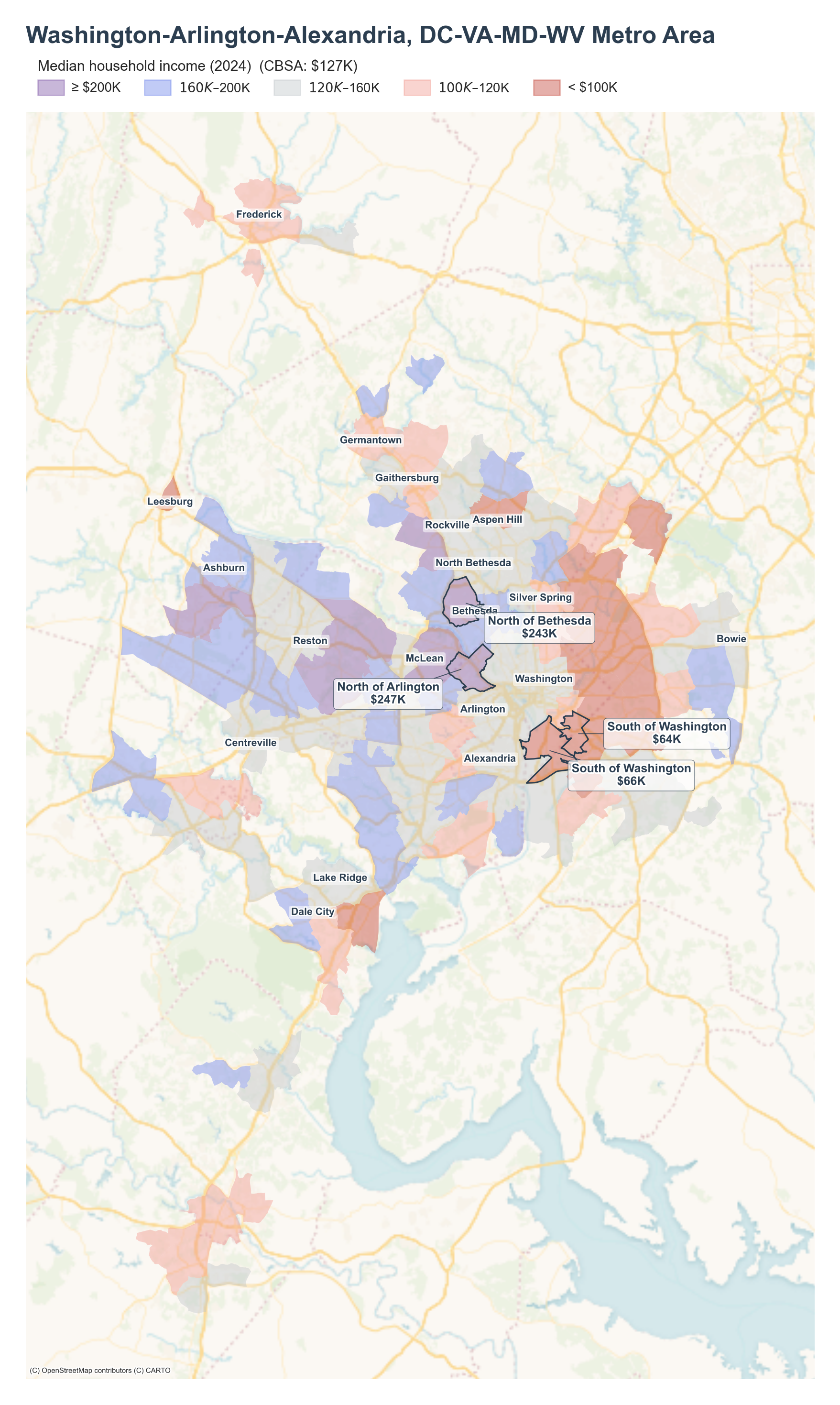 Median household income (2024) by neighborhood across the Washington, DC metro